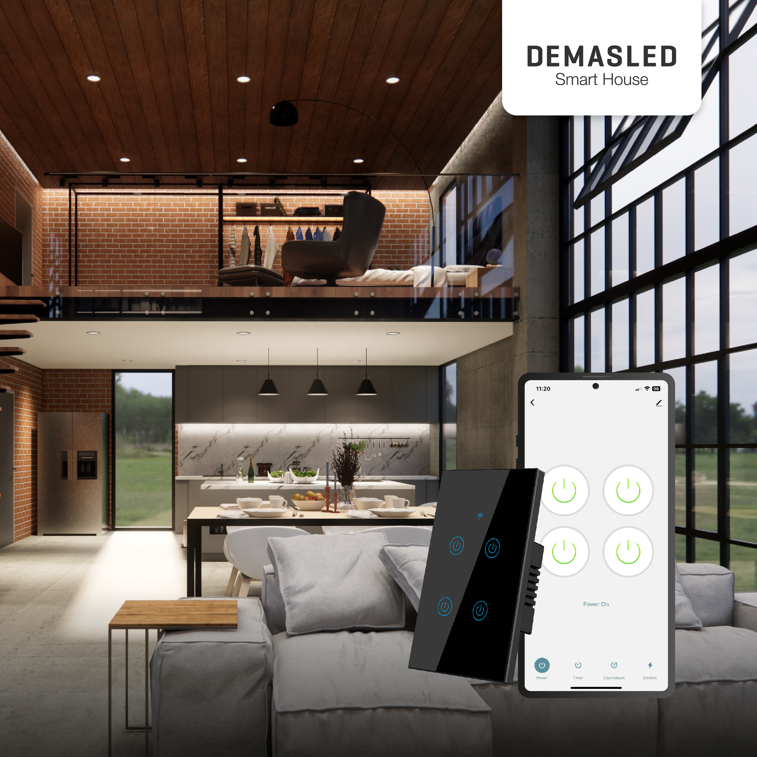 Tecla Smart de Pared Táctil 4 Canales 600W Negro