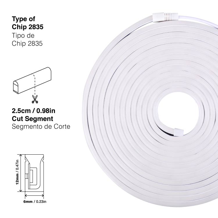 Tira LED de Neón SMD2835 IP67 12V 6W/m  Blanco Frío 6000°K 300lm/m 120 LED/m, 5m