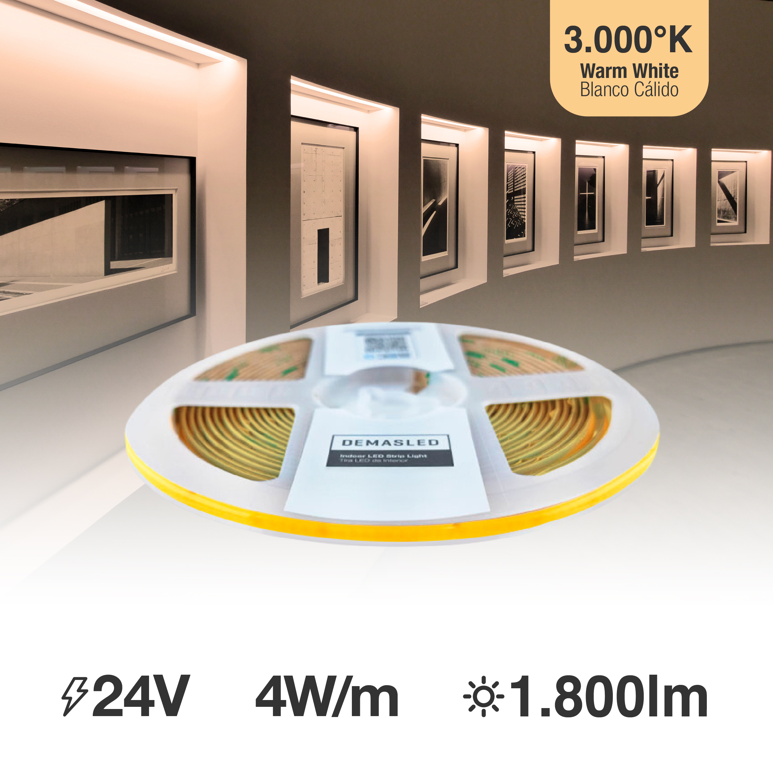 Tira LED COB 24V 4W/m Blanco Cálido 360lm/m 504LEDs/m, 3mm PCB IP33 x 5m