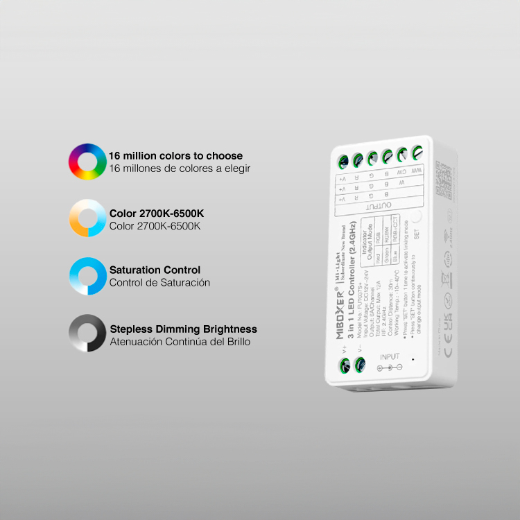 Controlador LED 3 en 1 RGB/RGBW/RGB+CCT Mi-Light 12-24V 12A 2.4GHz