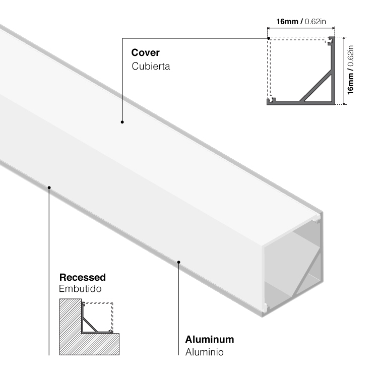 Perfil de Aluminio Esquinero 16x16mm Anodizado, Cover Opal Blanco Recto 90° x2m
