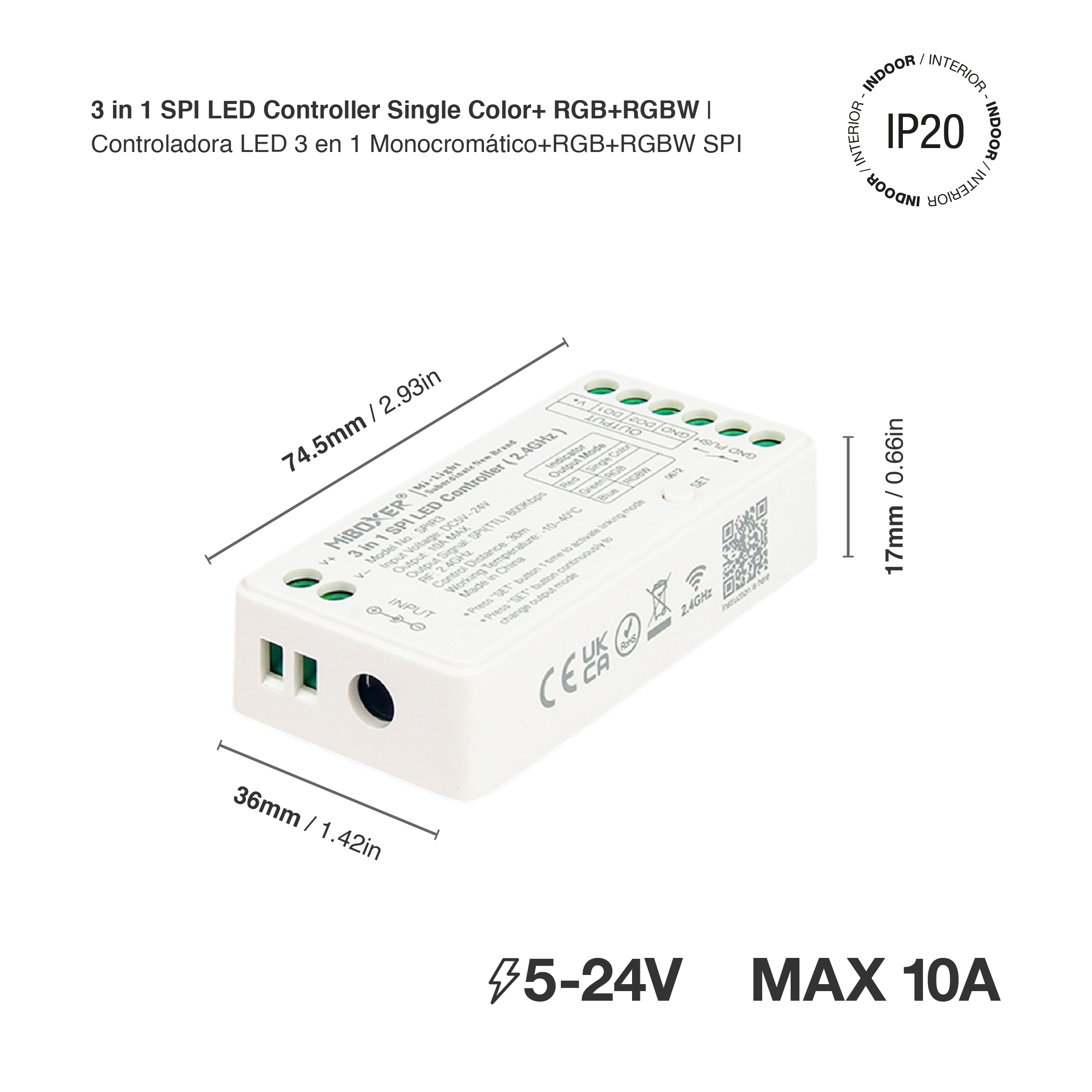 Controlador LED Pixel SPI 3 en 1 RGB+RGBW 5-24V 10A 2,4Ghz