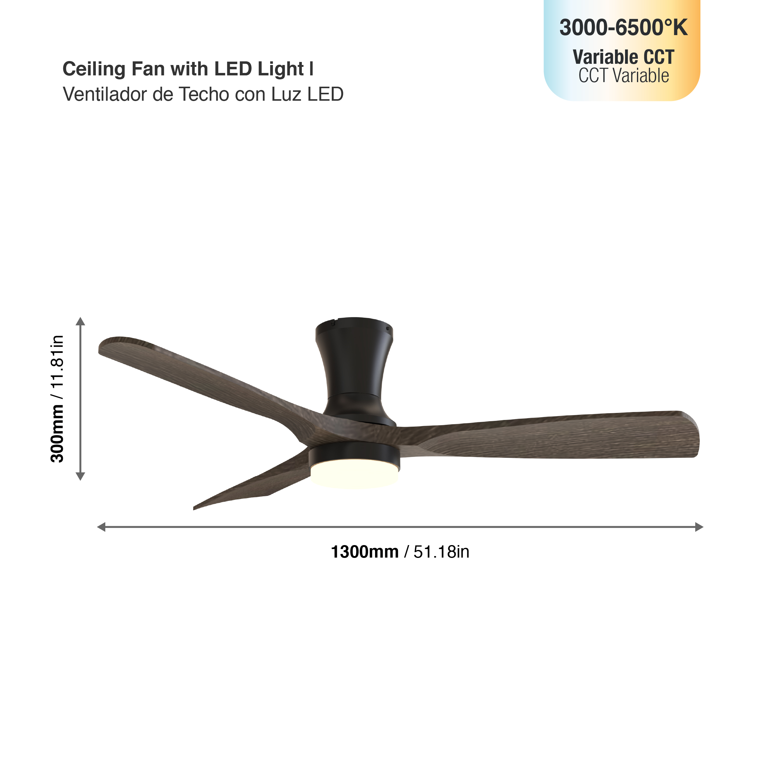 Ventilador de Techo con Luz LED CCT 1300x300mm Negro Madera 22W con Control Remoto Bluetooth IP65