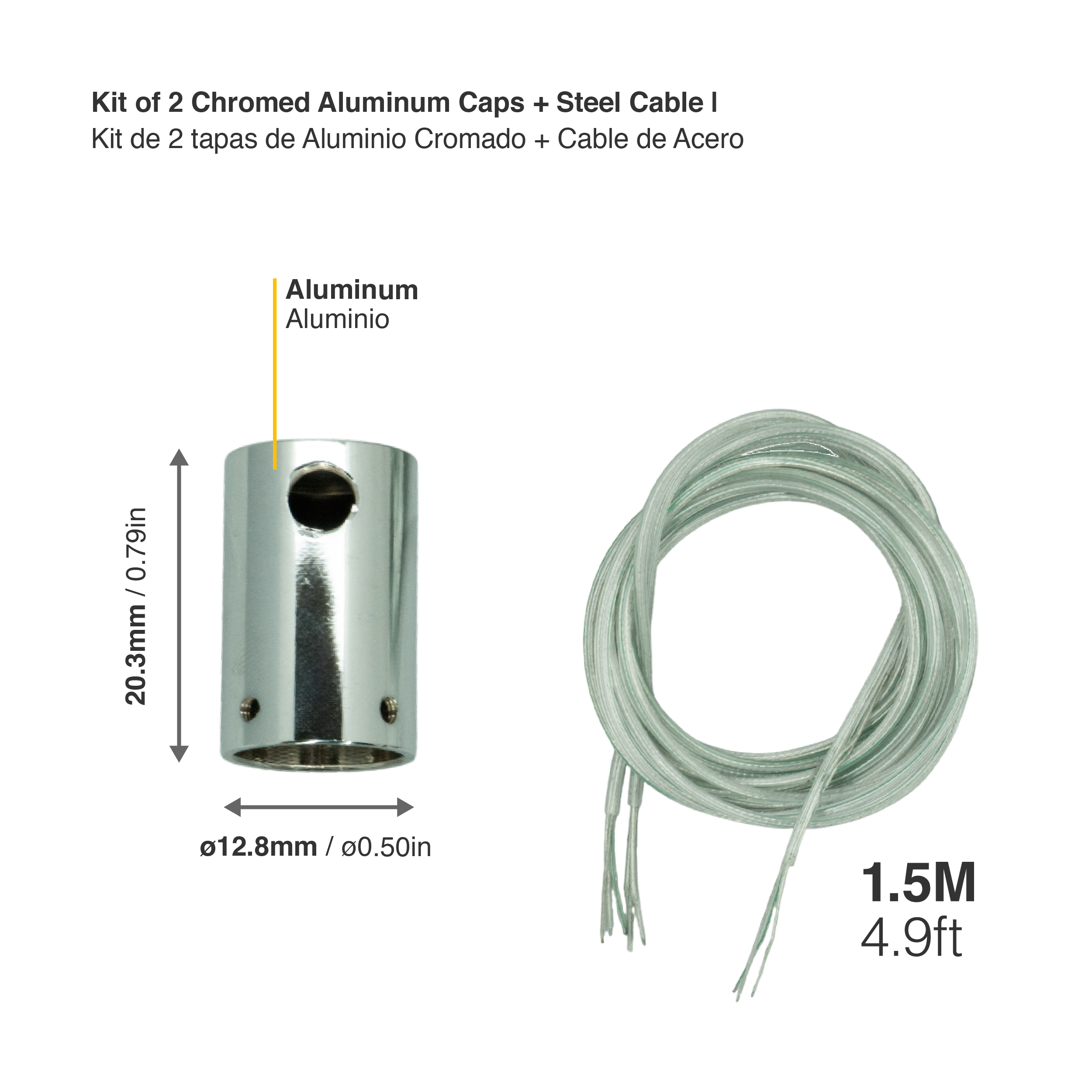Kit de 2 tapas de Aluminio Cromado + cable de acero 1,5m para tex-11/12
