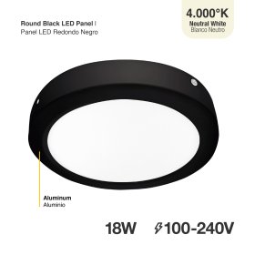Plafón LED redondo negro de 22cm, 18W 1230lm Neutro, de aplicar