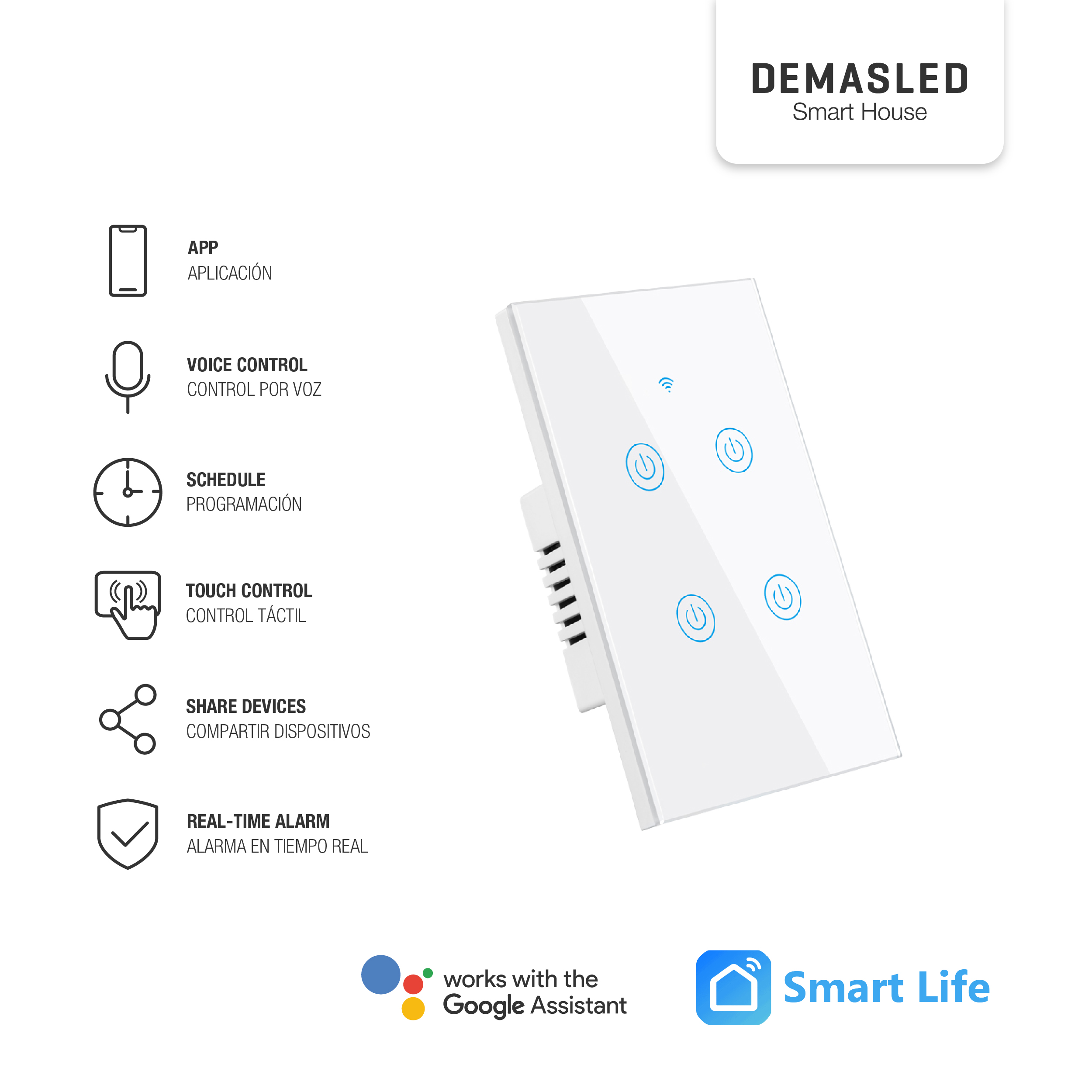 Tecla Smart de Pared Táctil 4 Canales 600W Blanco 
