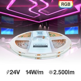 Tira LED COB 24V 14W/m, RGB 500lm/m, 10mm PBC, 5m