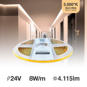 Tira LED COB 24V 8W/m Blanco Cálido 540lm/m 504LEDs/m, 5mm PCB IP33 x5m