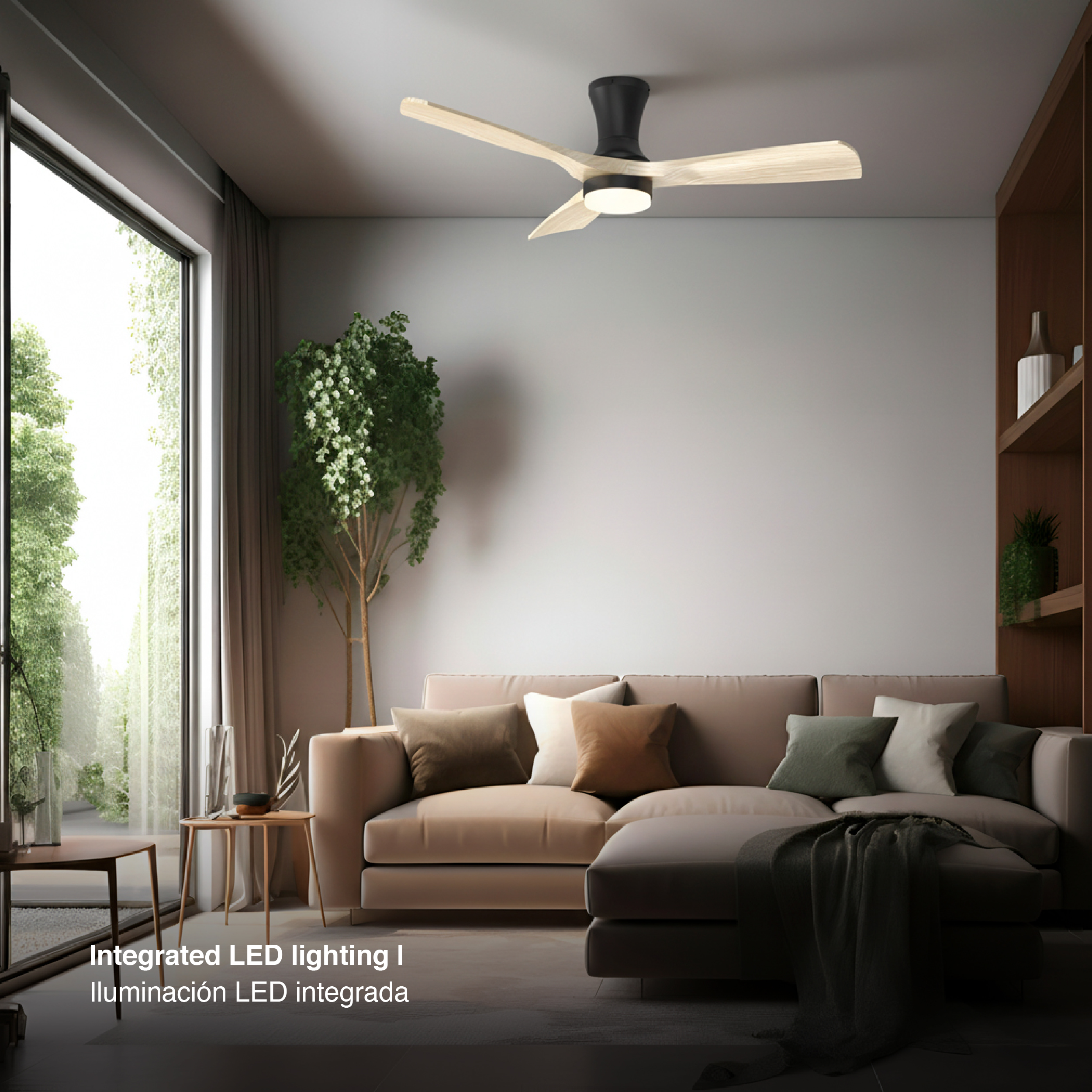 Ventilador de Techo Smart LED CCT 3000K-6000K Ø130cm Madera Clara 22W IP65 con Control Remoto
