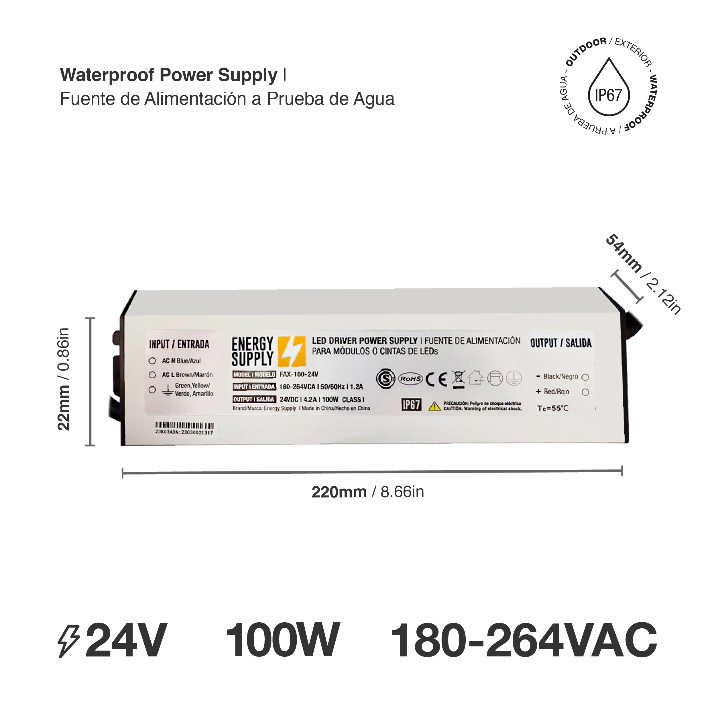 Fuente Switching 24V 4.2A 100W, 90-264VAC Exterior IP67