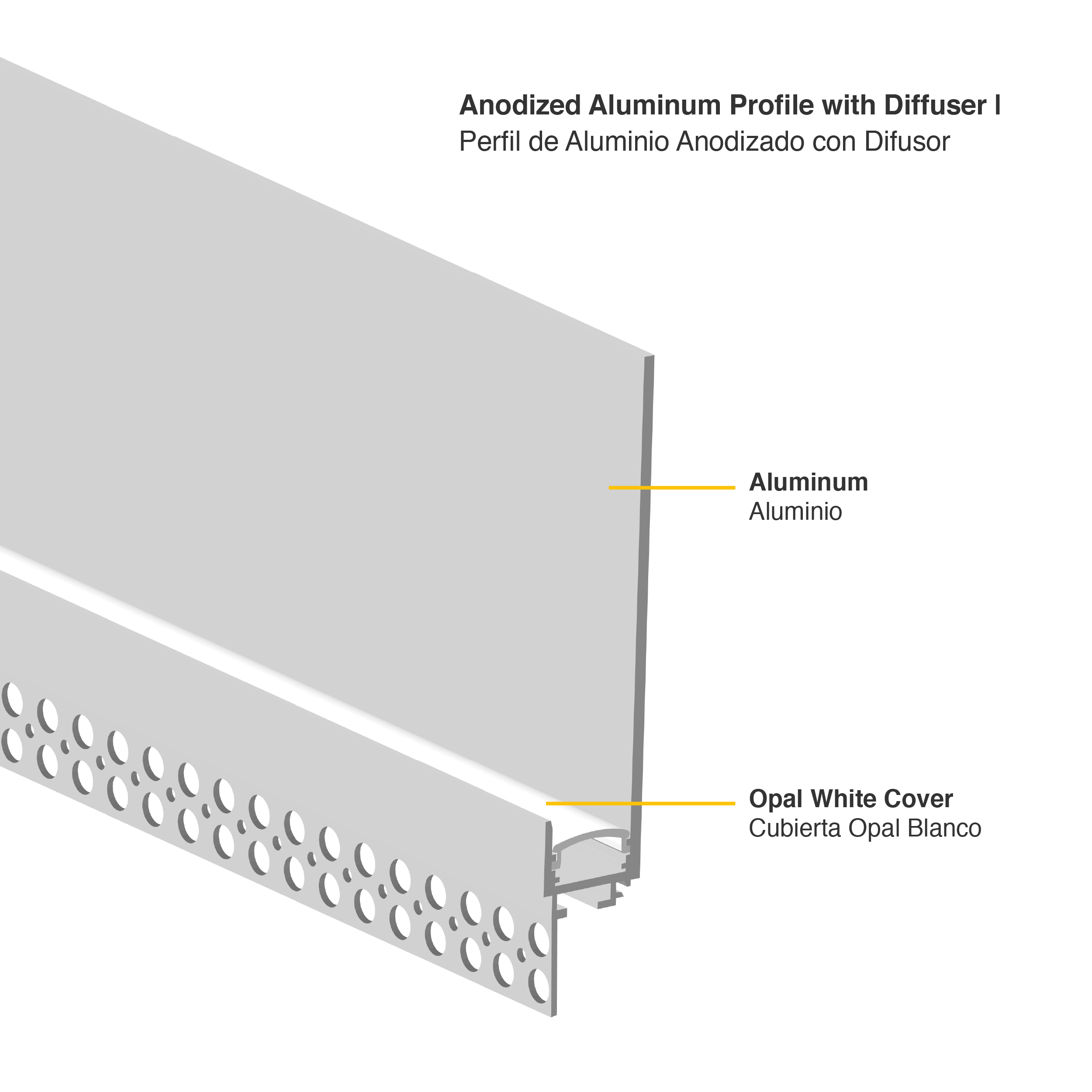 Perfil de Aluminio con Ala para Embutir, Anodizado Difusor 120x19mm, con Cover Opal Blanco x2.5m 