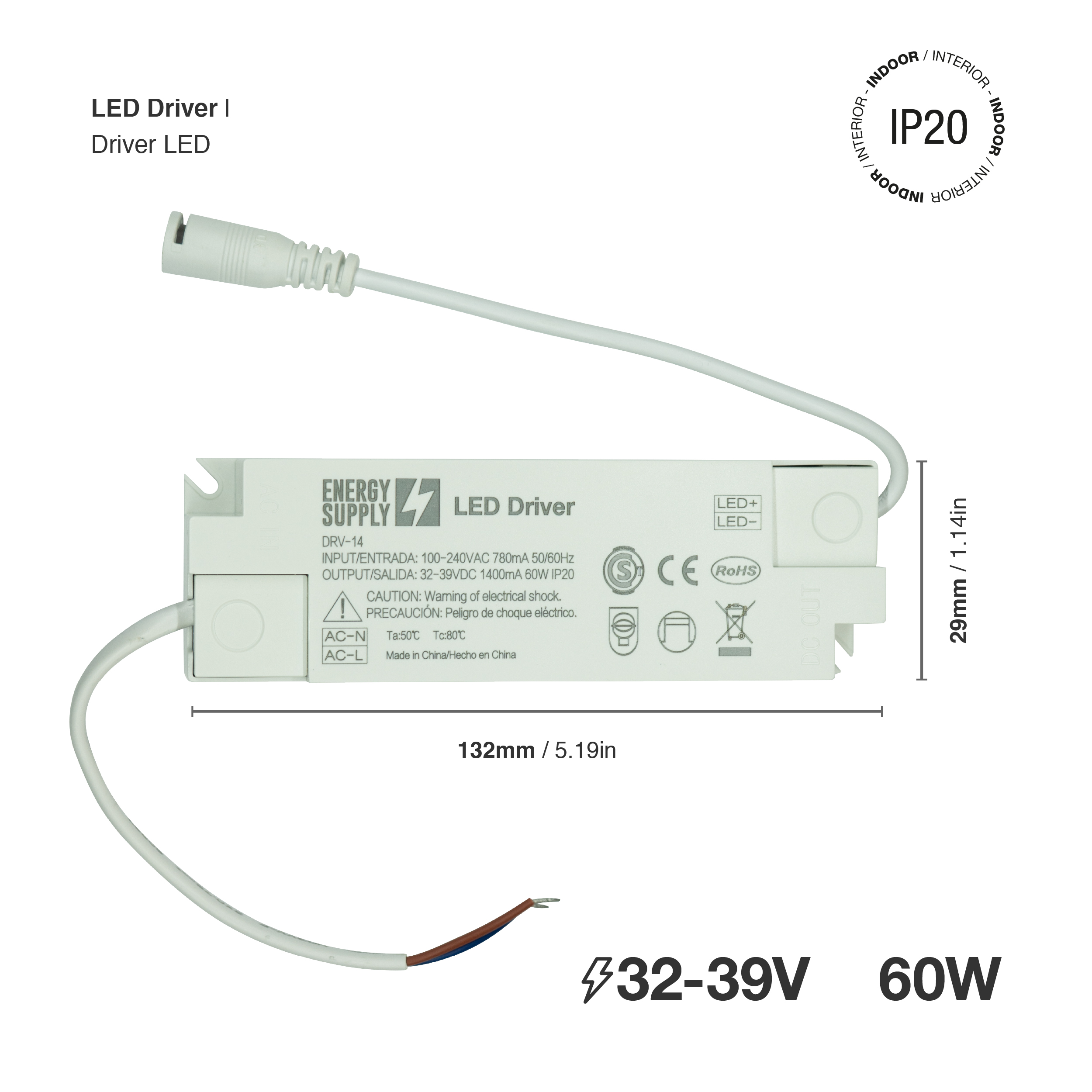 Driver LED, DC 32-39V 60W 1400mA, Entrada: AC100-240V