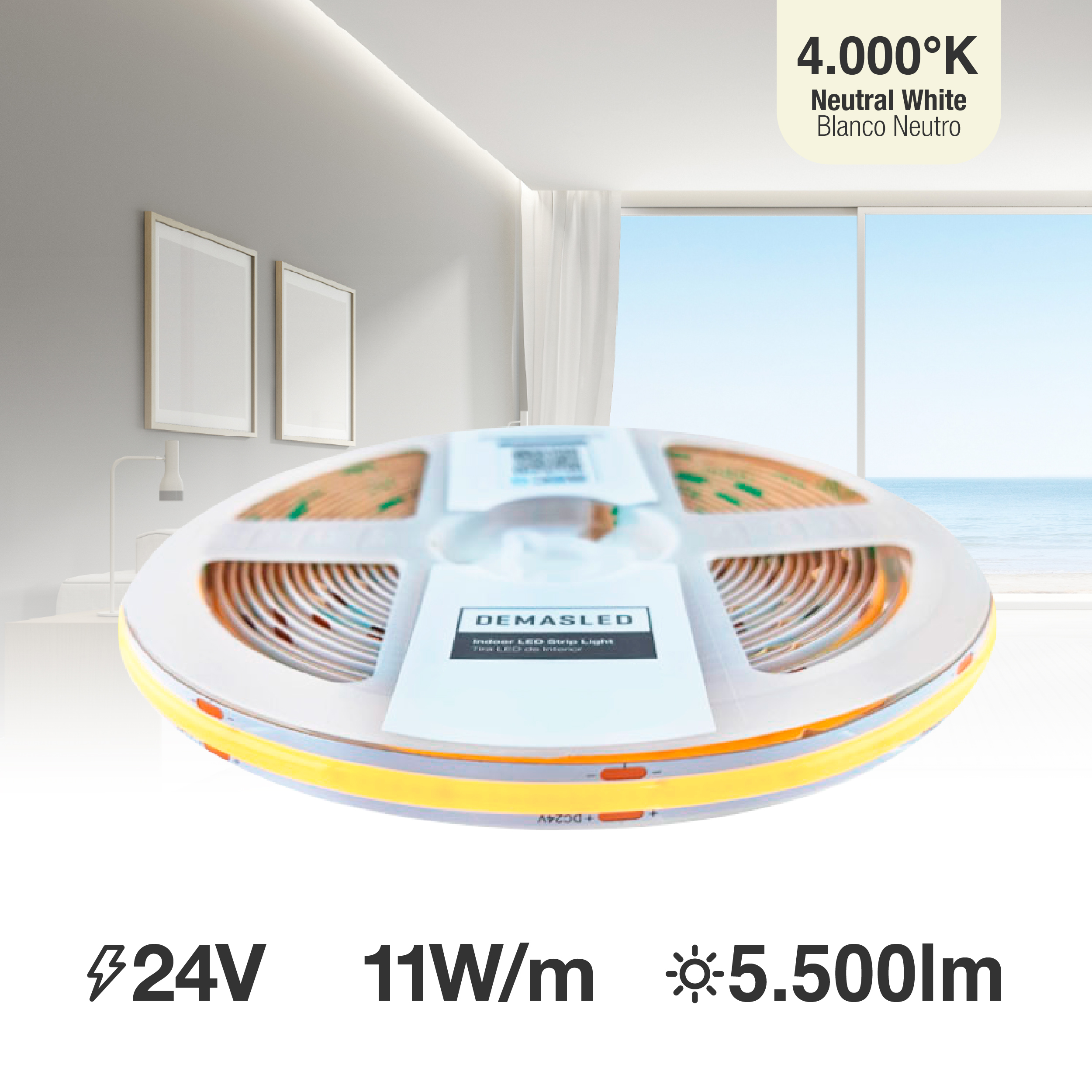 Tira LED COB 24V 11W/m, Blanco Neutro 1100lm/m 480 LEDs/m, 8mm, 5m