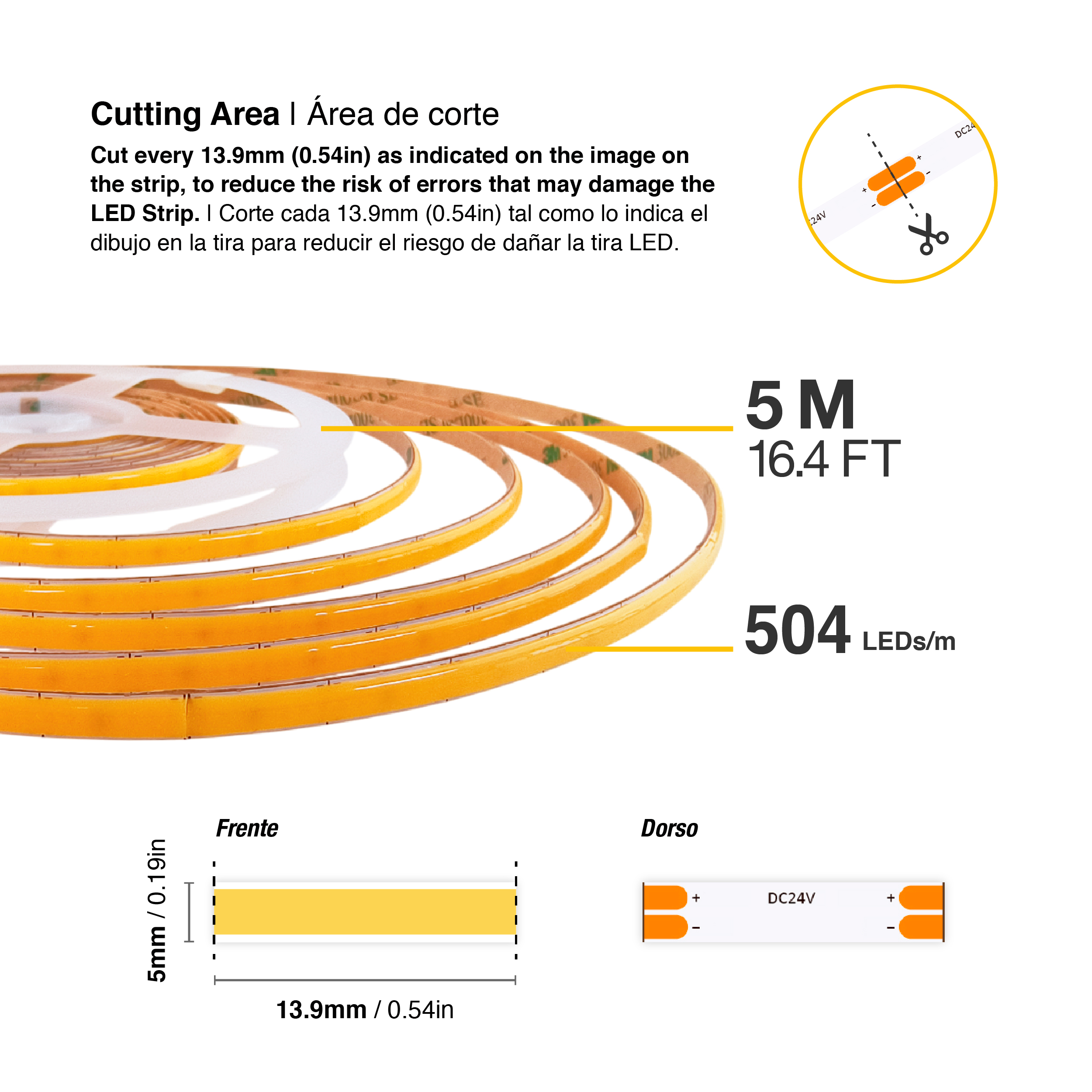 Tira LED COB 24V 8W/m Blanco Frío 540lm/m 504LEDs/m, 5mm PCB IP33 x5m