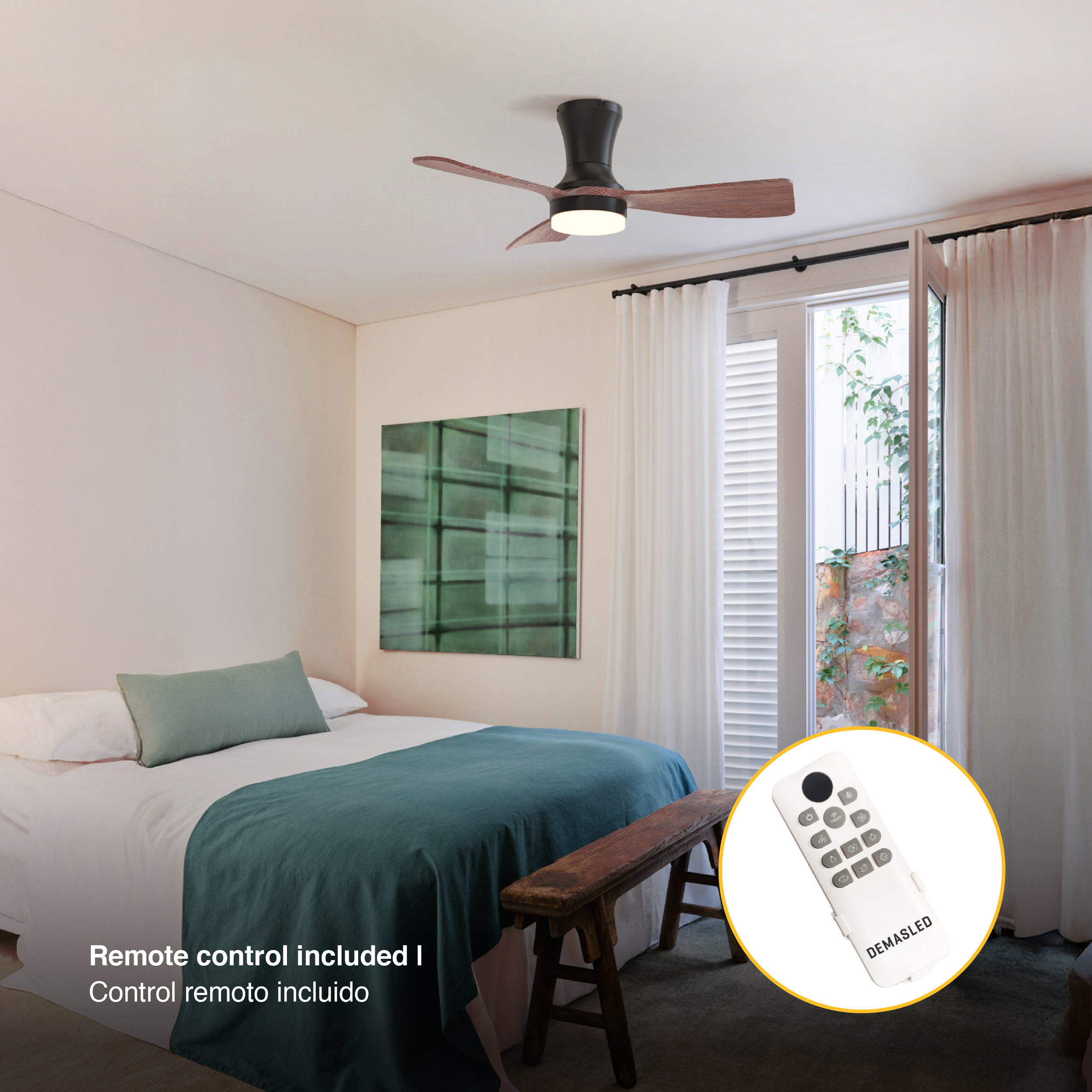 Ventilador de Techo con Luz LED CCT 920x265mm Negro Madera 22W con Control Remoto AC100-240V IP20