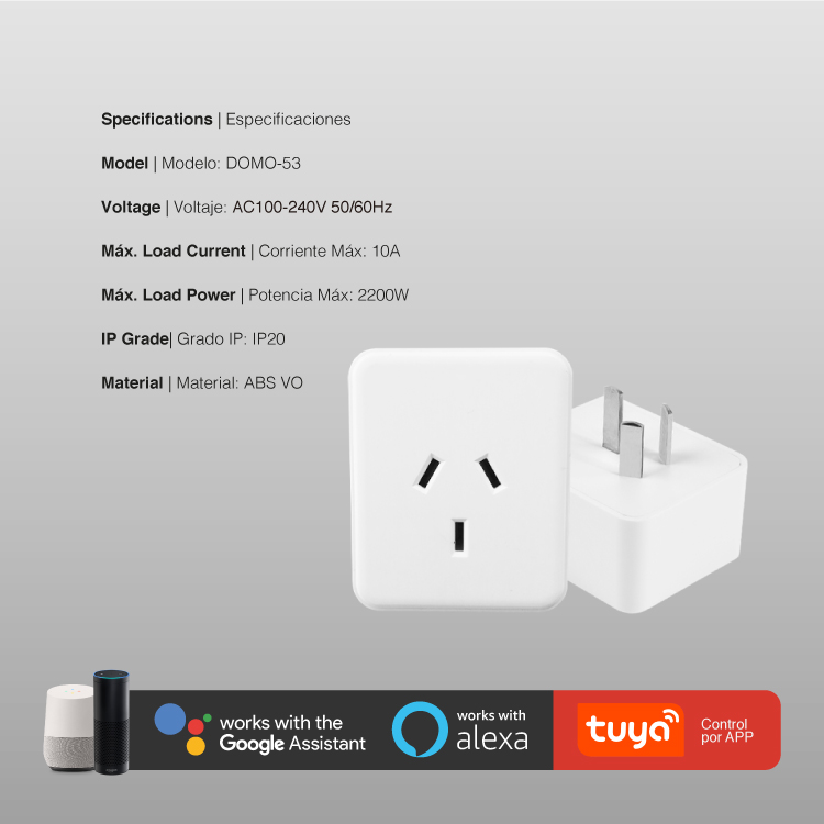 Tomacorriente Enchufe Smart WIFI 10A, AC100-240V, Max load 2200W 