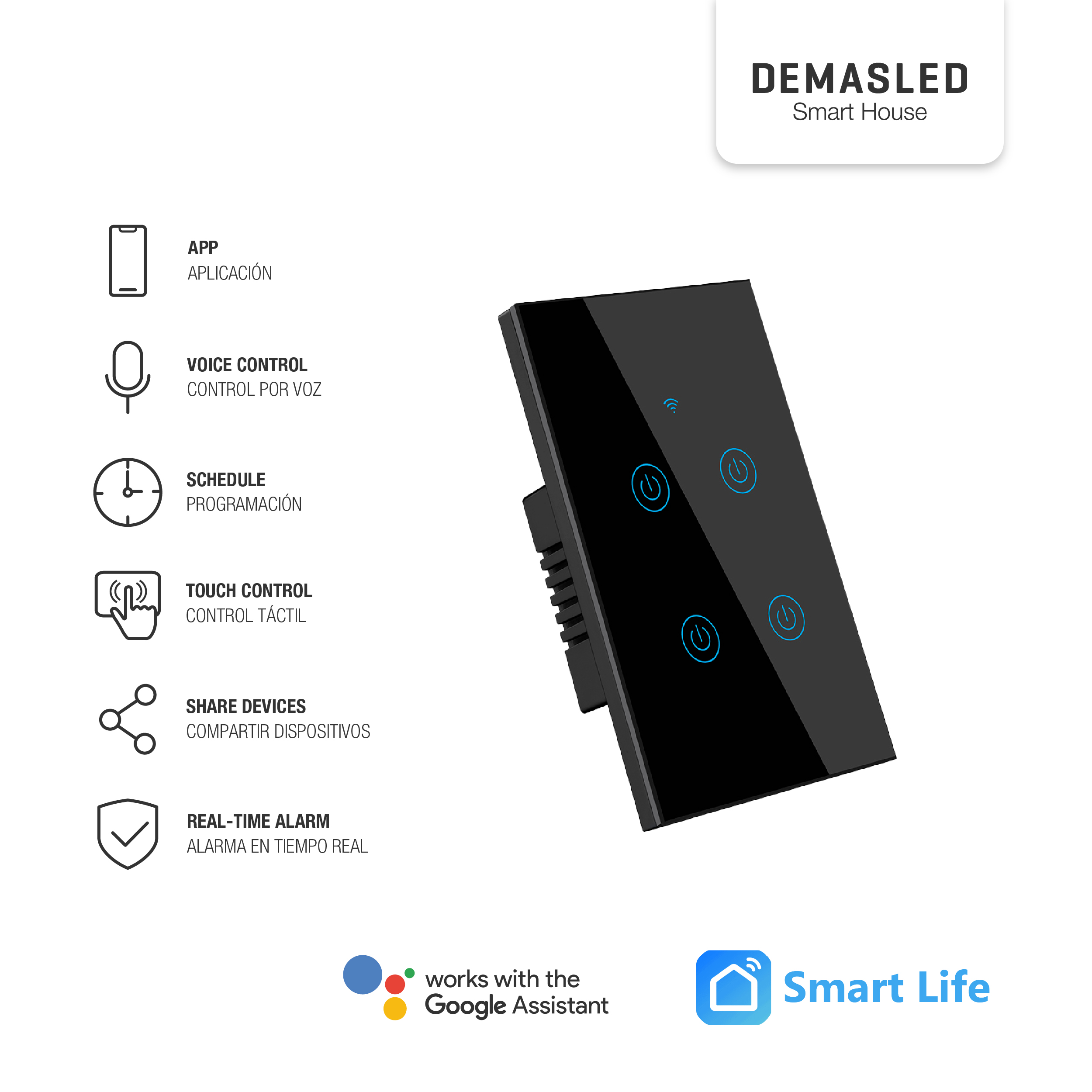 Tecla Smart de Pared Táctil 4 Canales 600W Negro