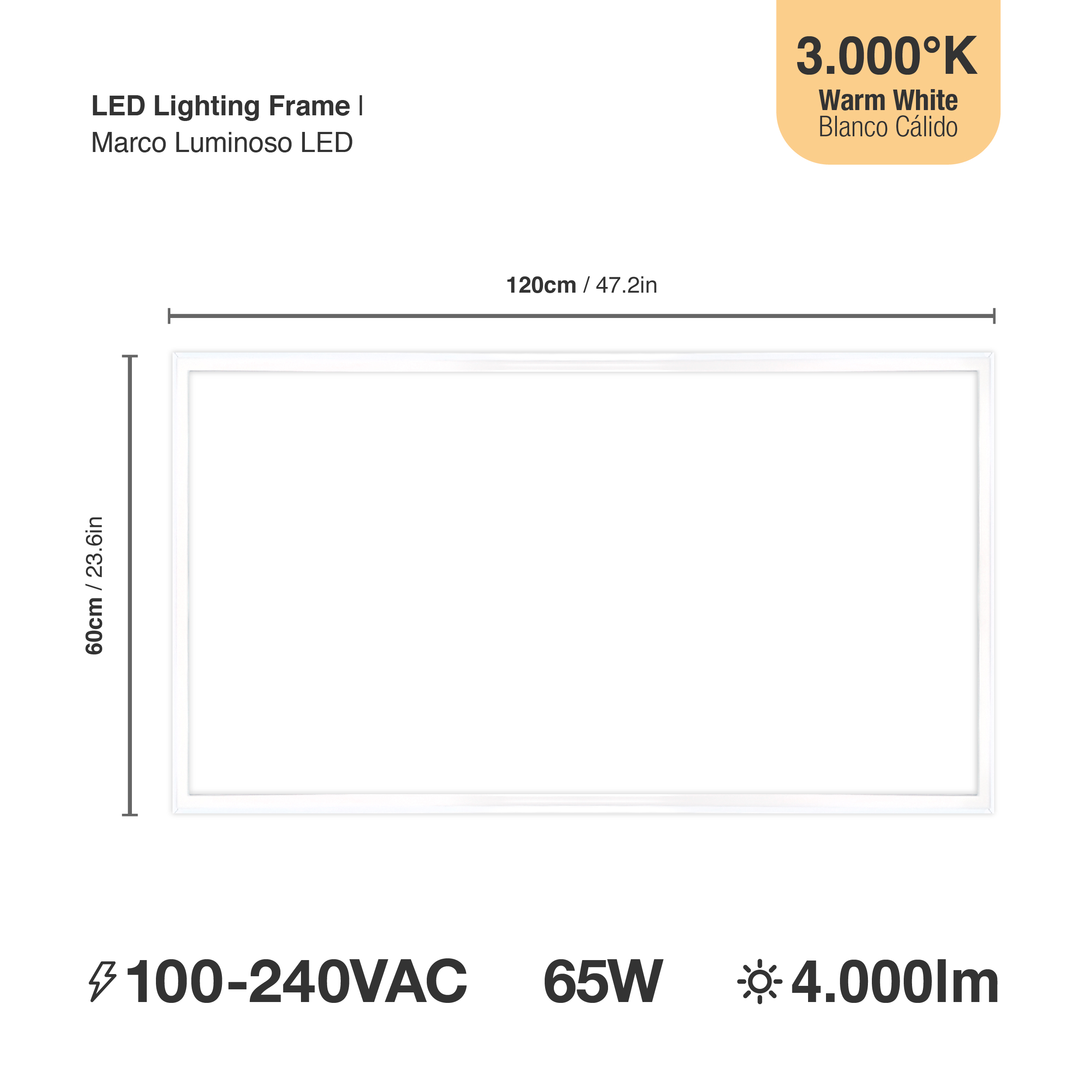 Marco Luminoso LED de 120x60cm 65W 4000lm blanco Cálido 3000K