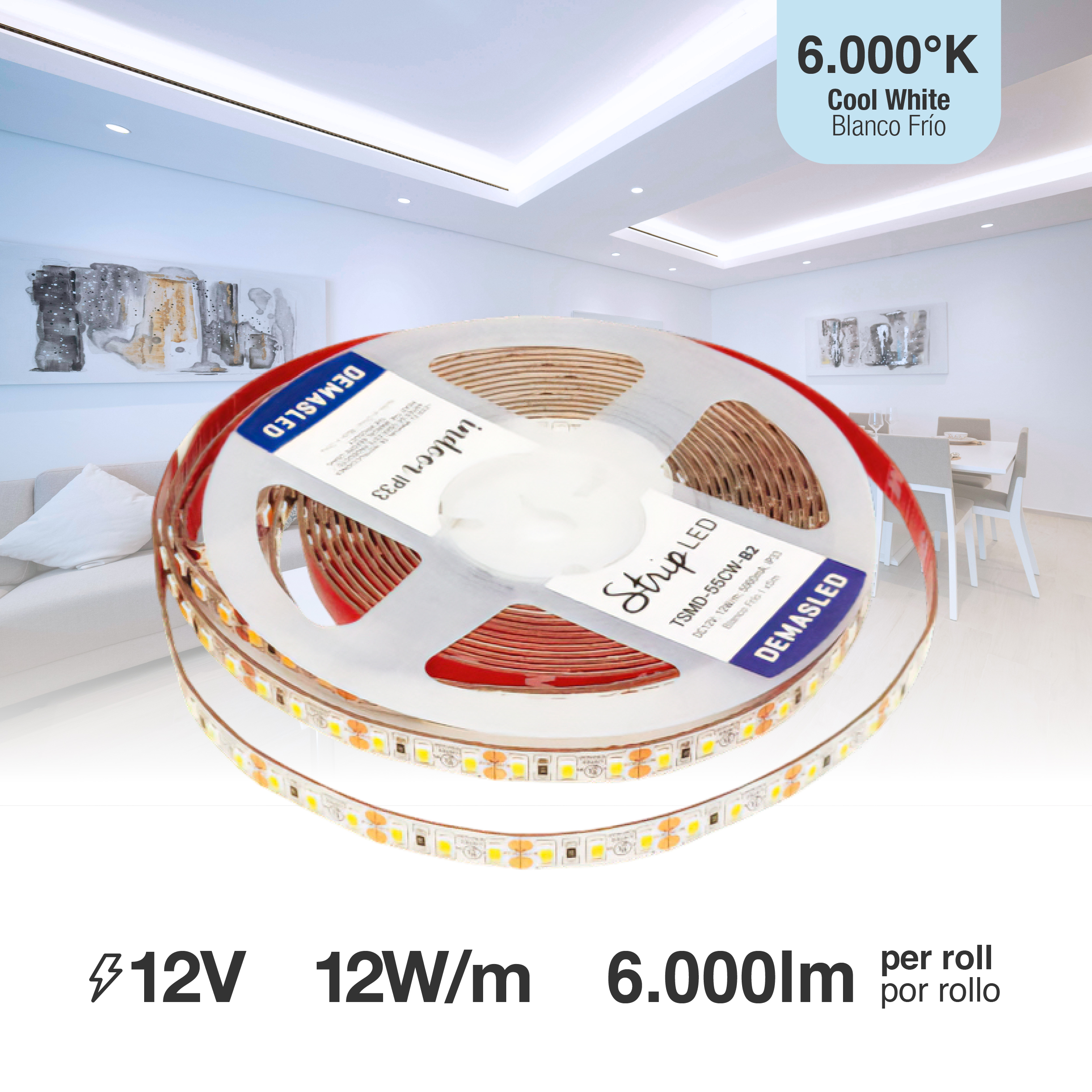 Tira LED SMD2835 12V 12W/m, Frío 1200lm/m 120 LEDs/m, 8mm PBC, 5m