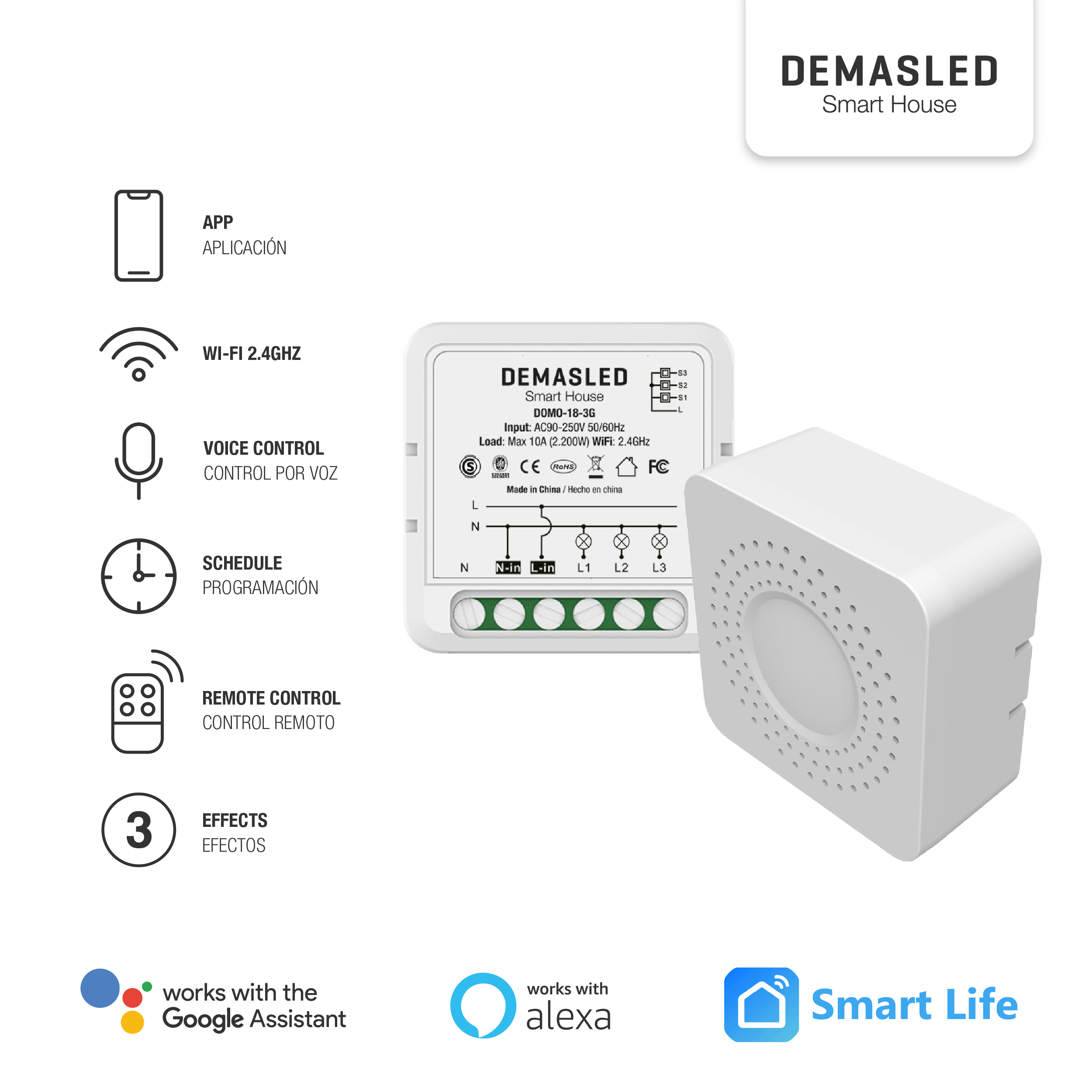 Mini Smart Switch WiFi+RF 3 Canales, 100-240Vac 50-60Hz 10A max 2.4GHz