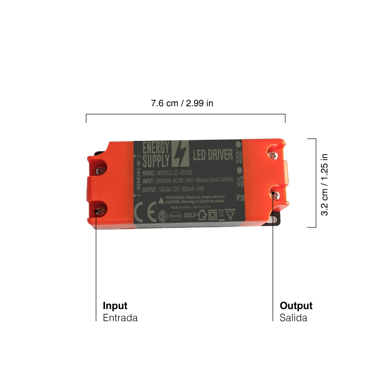 Driver LED, DC 54-72V 24W 300mA, Entrada: AC100-240V