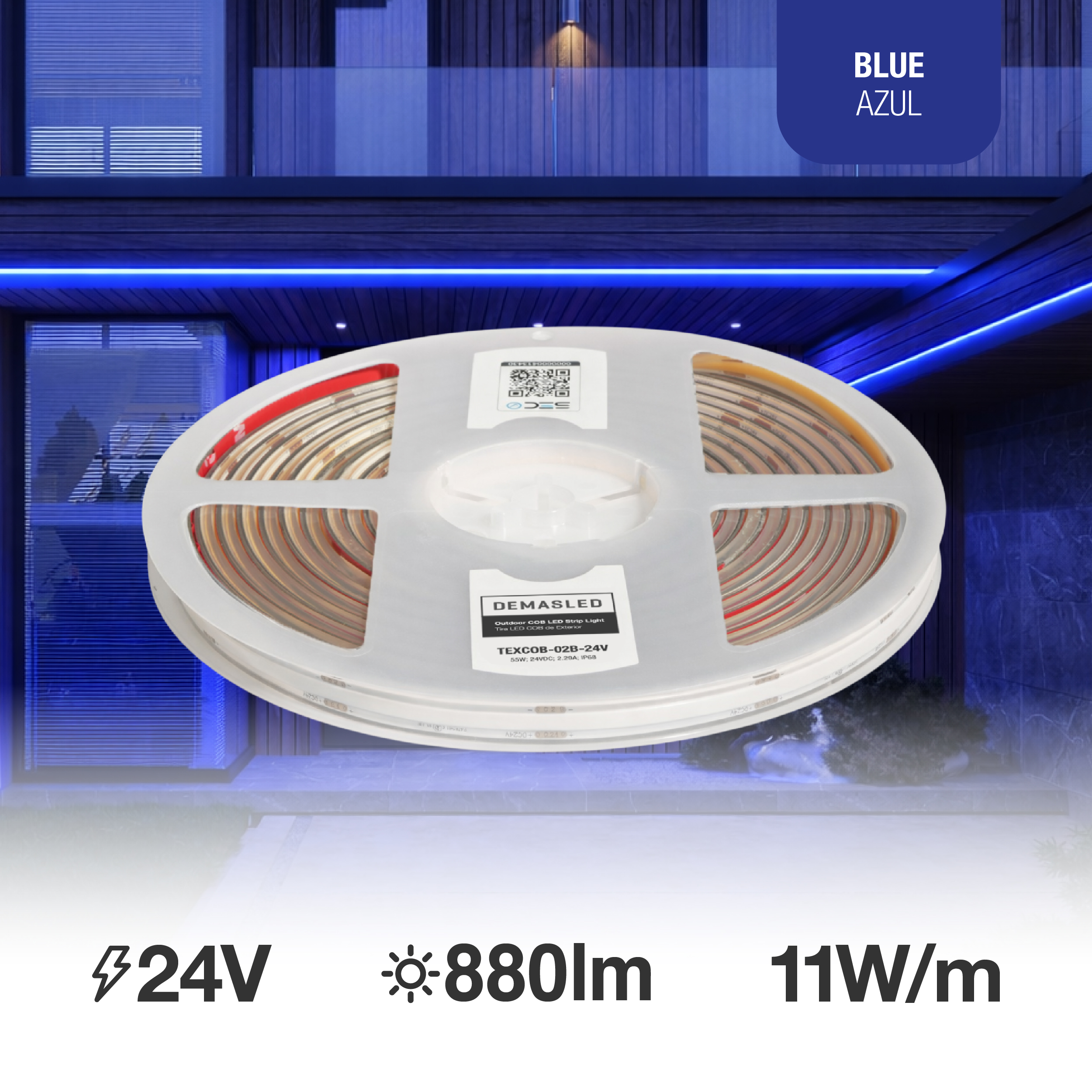Tira LED COB 24V 11W/m Azul 176lm/m, 8mm, IP68, 5m
