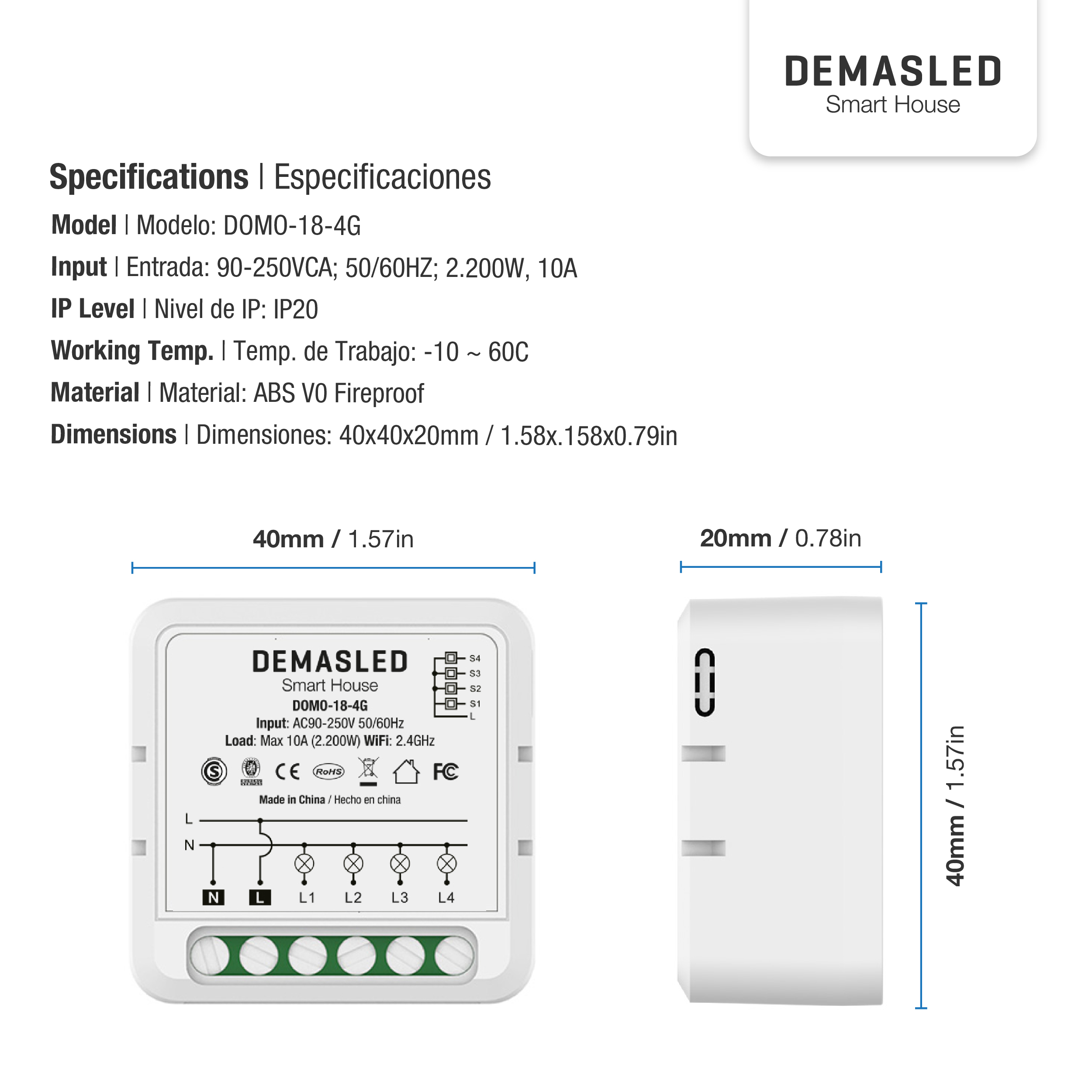 Mini Smart Switch WiFi+RF 4 Canales, 100-240Vac 50-60Hz 10A max 2.4GHz