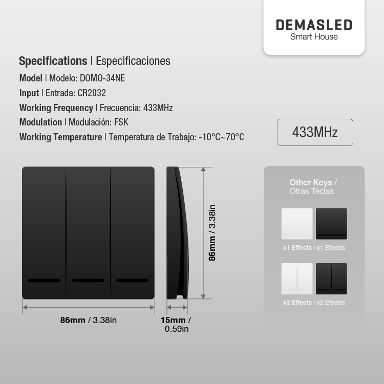 Tecla inalámbrica  RF, 3 Efectos Smart House, Negro