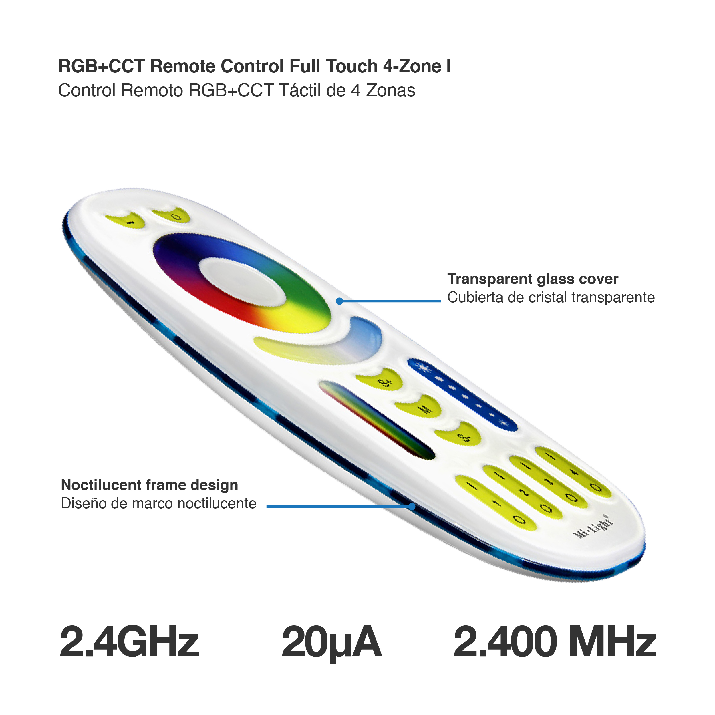 Control Remoto RGB+CCT táctil de 4 zonas 3V 2.4 GHz