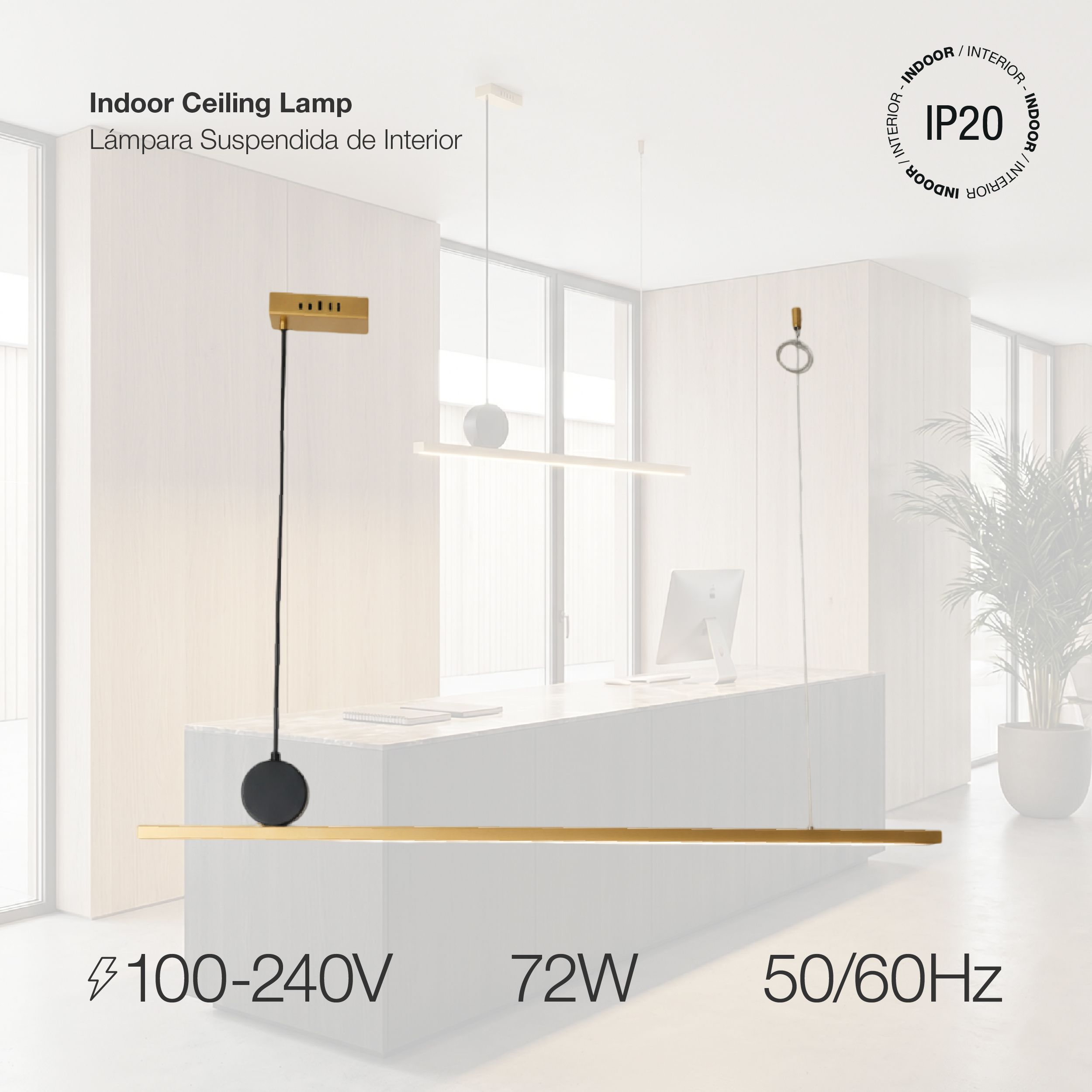 Lámpara LED Suspendida Cobre Ø1,18cm, 72W Blanco Cálido 3000K, 2448lm