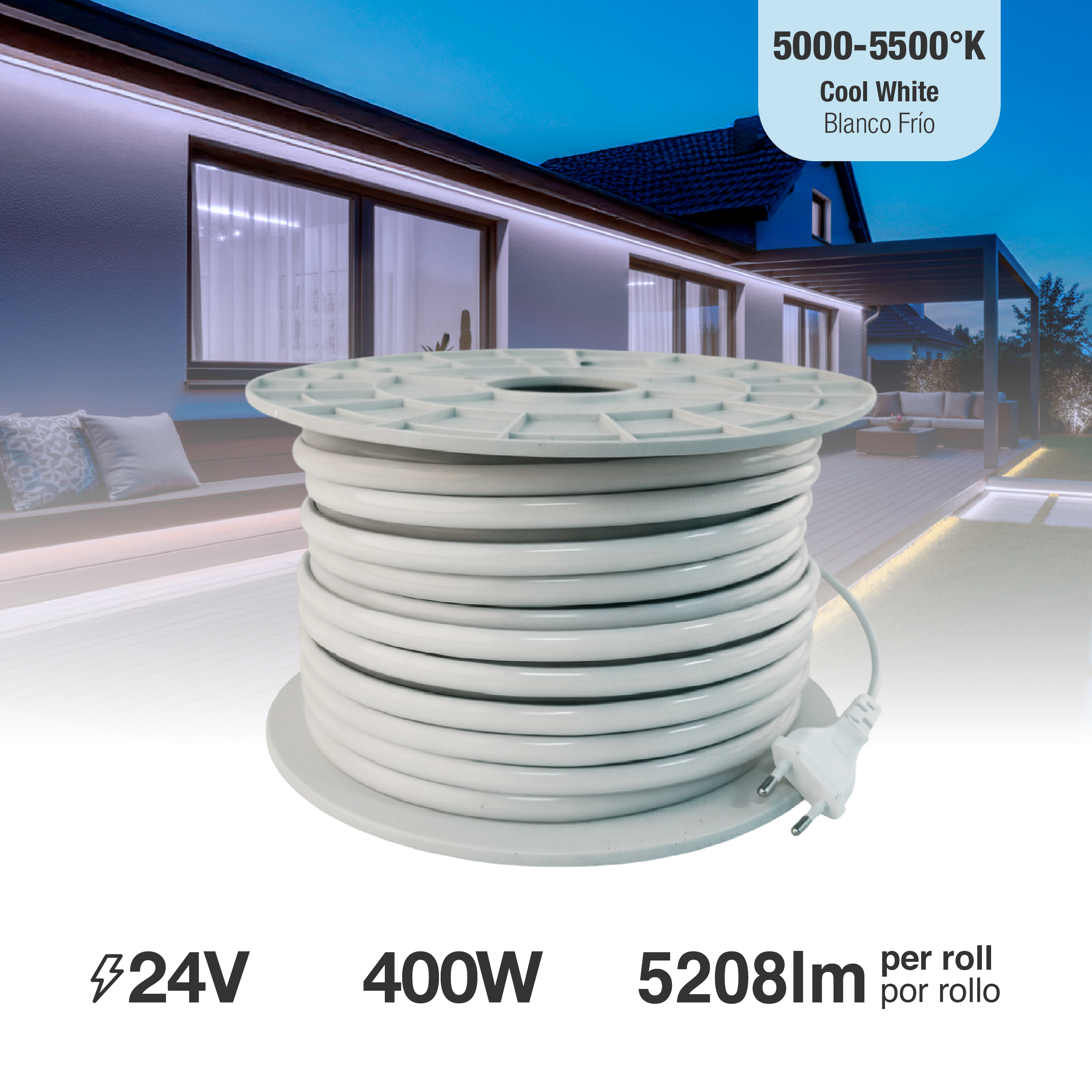 Tira LED COB IP67 220-240V, 400W Blanco Frío 6500K 560LEDs/m, 50m