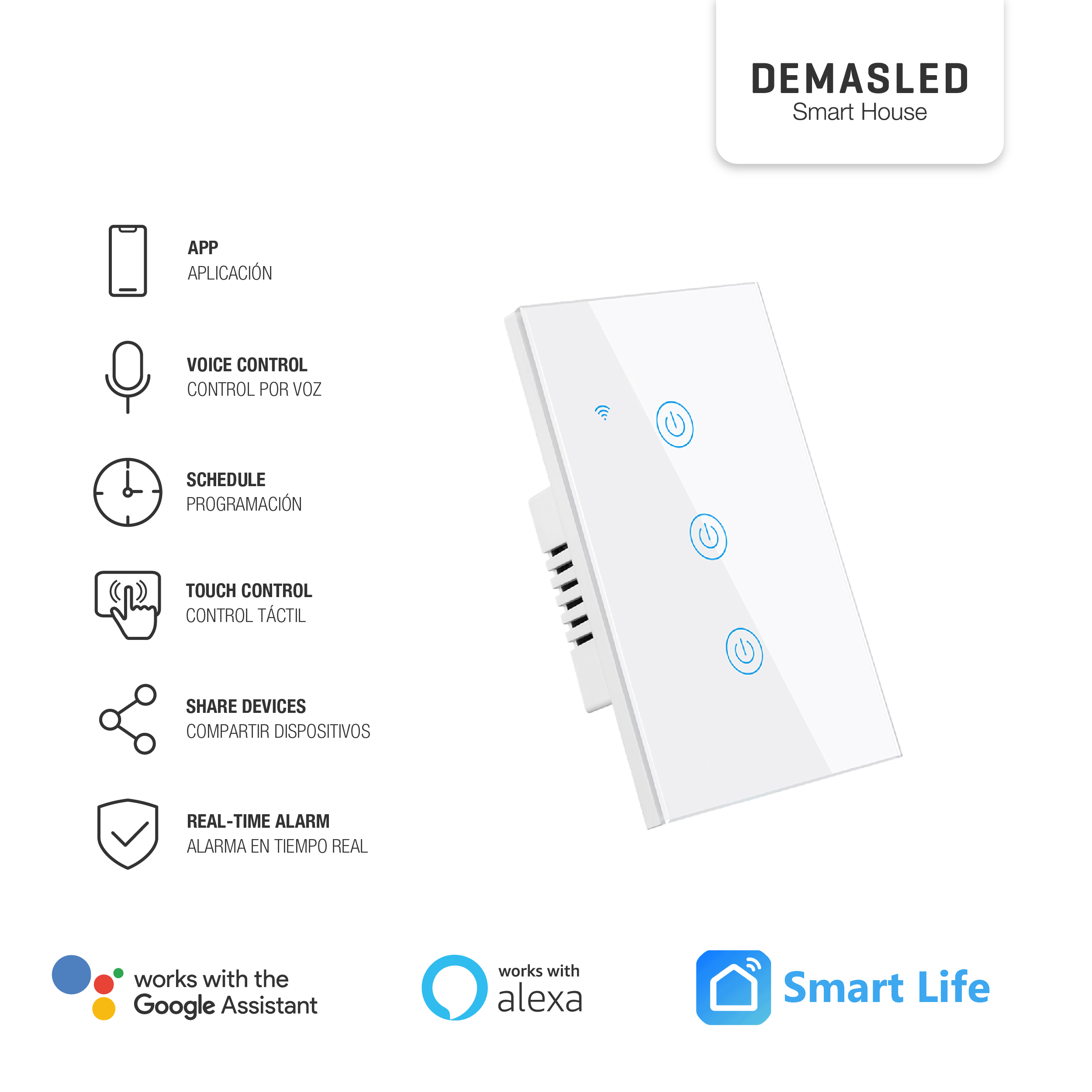 Tecla Smart de Pared Táctil 3 Canales 600W Blanco