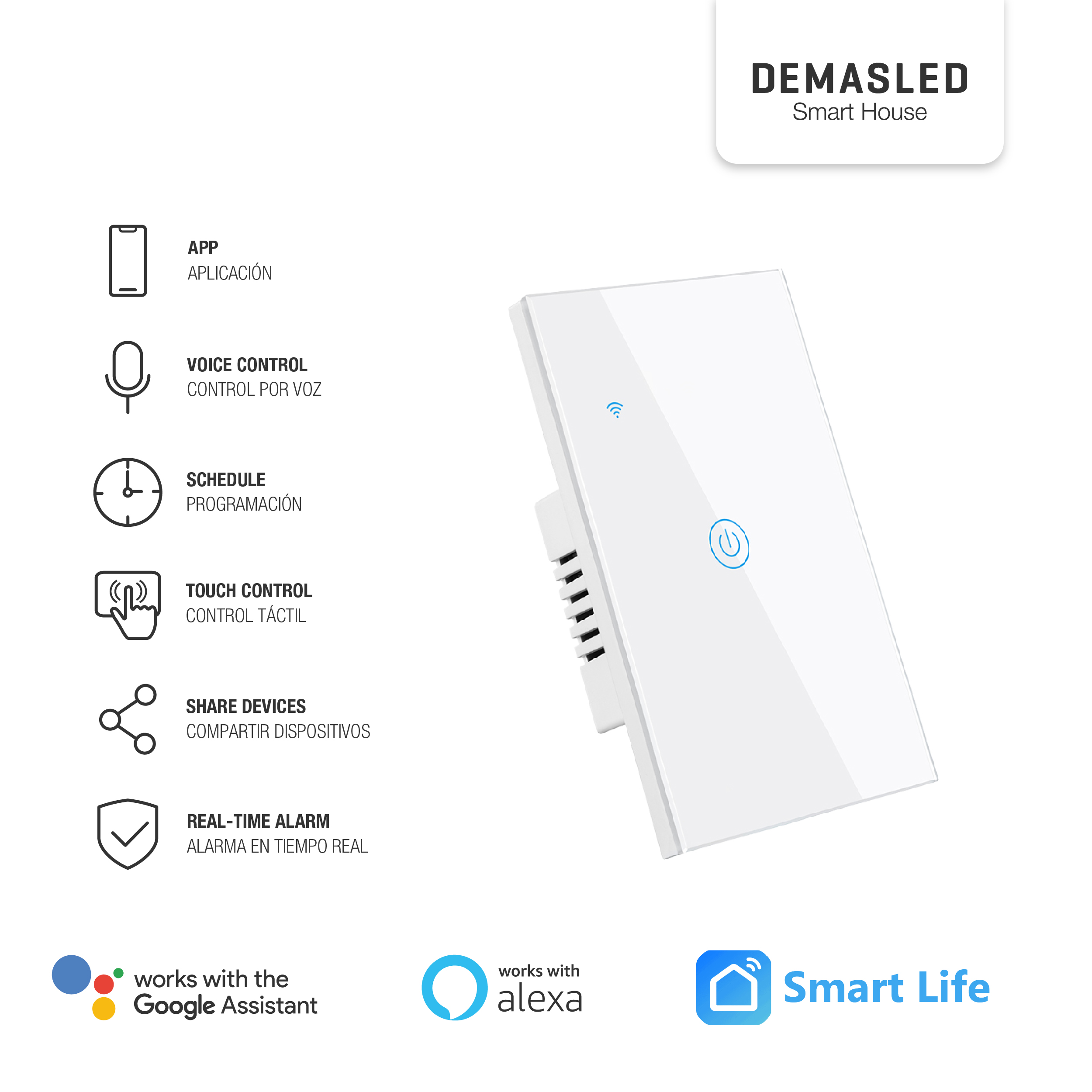 Tecla Smart de Pared Táctil 1 Canal 600W Blanco