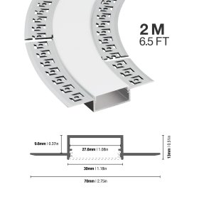 Perfil de Aluminio Flexible con Alas de Embutir 70x13mm Anodizado, Cover Opal Blanco x2m