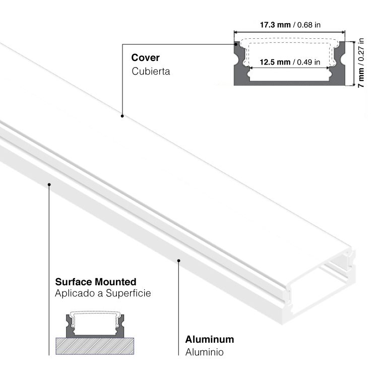 Perfil de Aluminio Flat 17x7mm Blanco, Cover Opal Blanco x2m