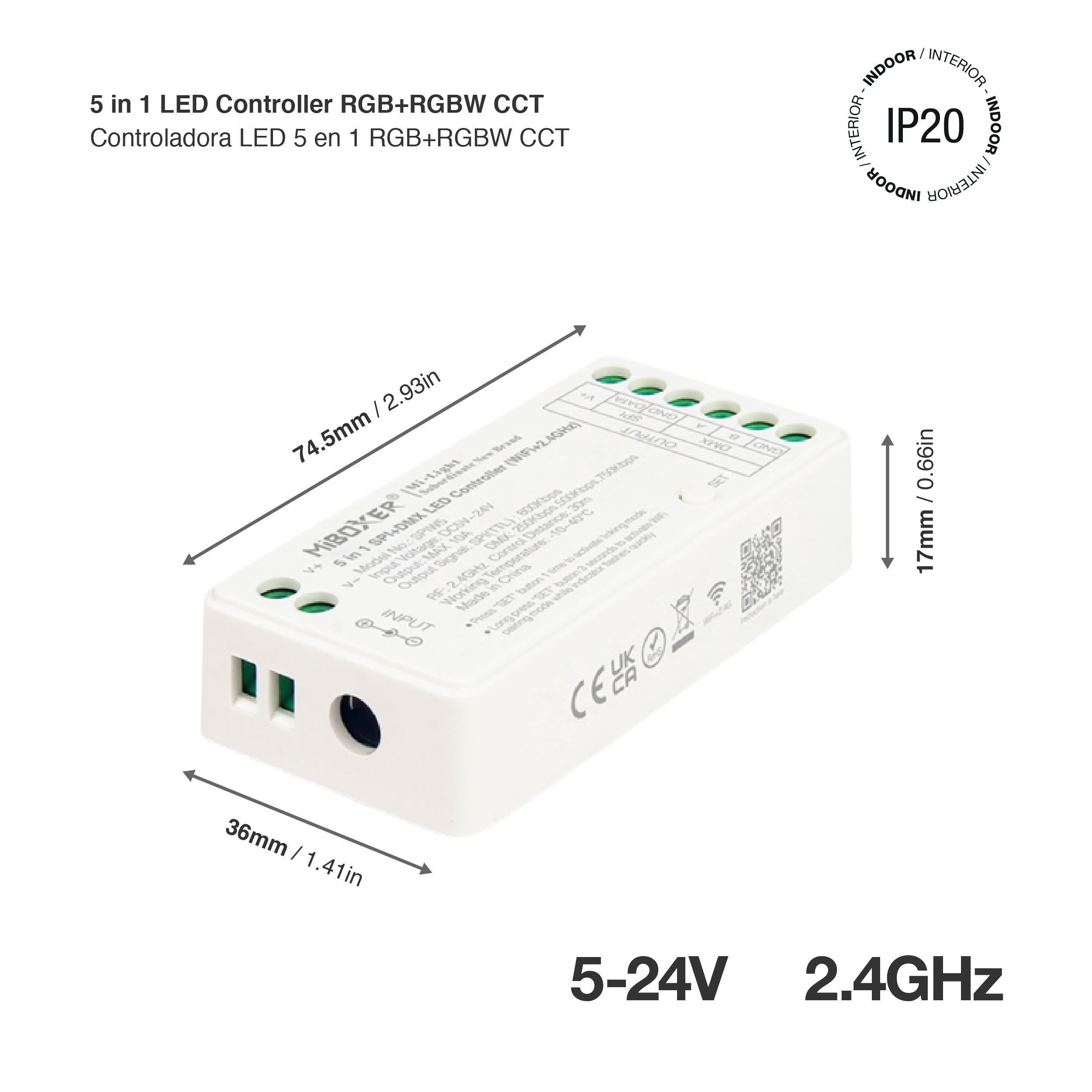 Controlador LED Pixel 5 en 1 RGB+RGBW CCT 5-24V 10A 2,4Ghz.