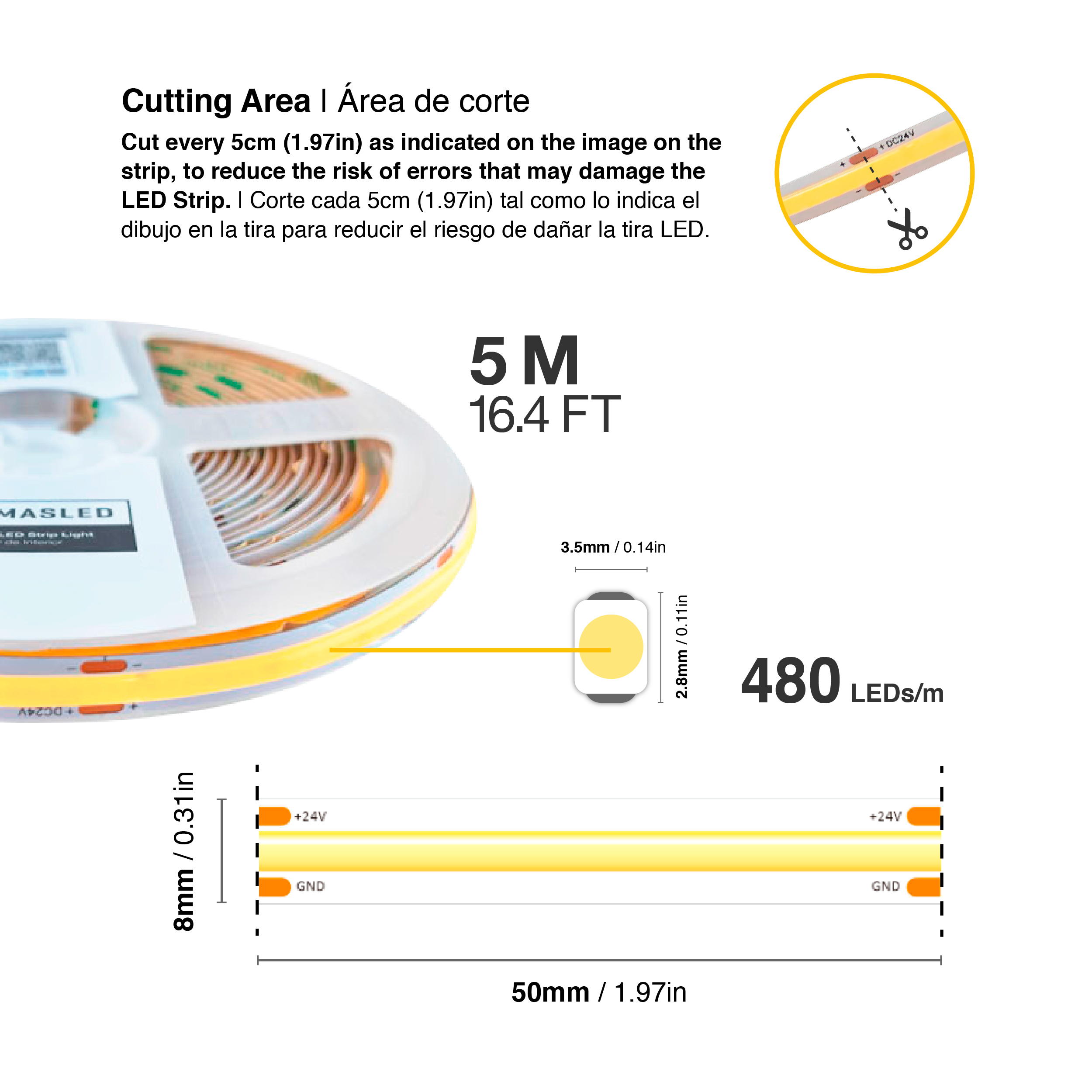 Tira LED COB 24V 11W/m, Blanco Neutro 1100lm/m 480 LEDs/m, 8mm, 5m