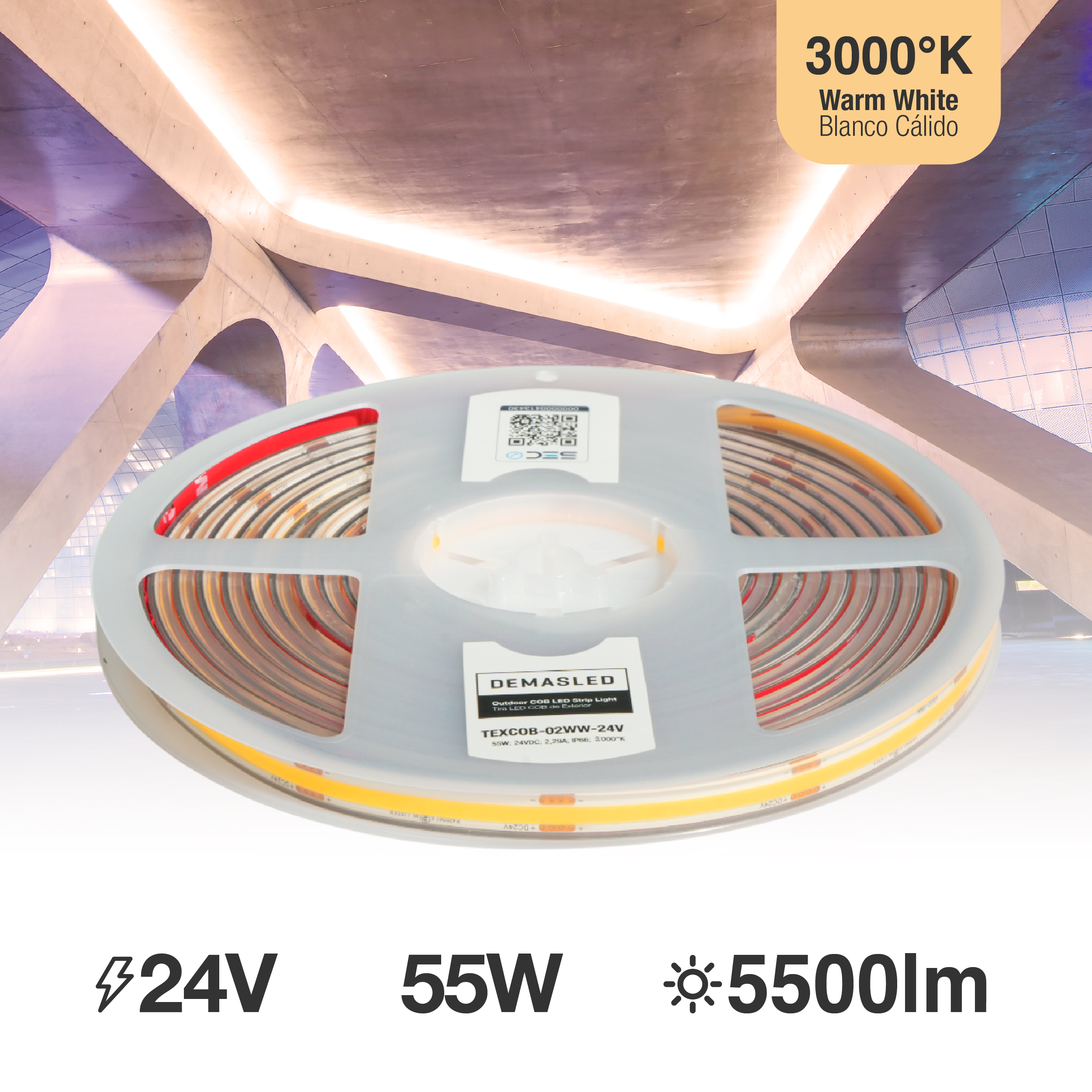 Tira LED COB 24V 11W/m Blanco Cálido 959lm/m 480LEDs/m 11mm IP68, 5m