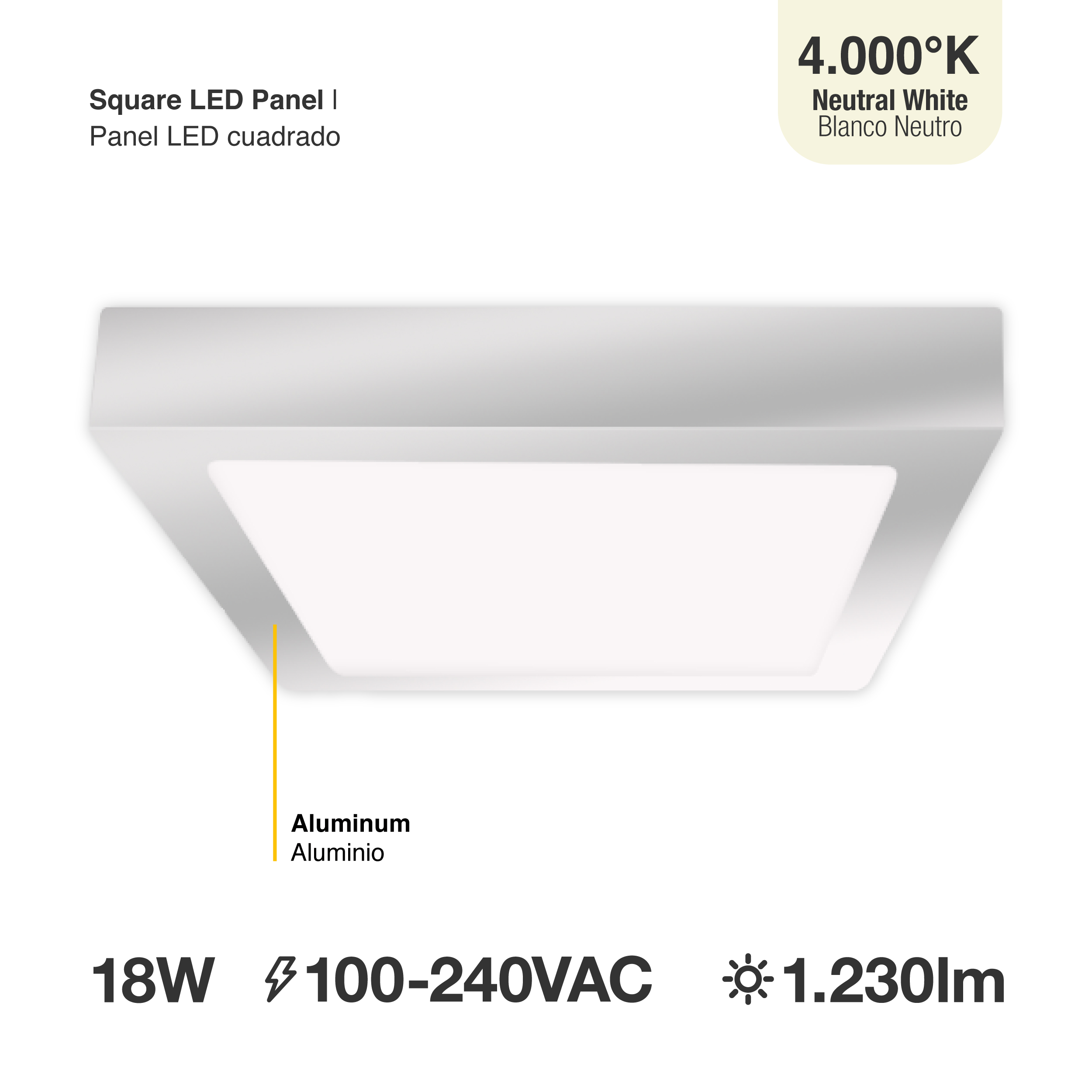 Plafón LED Cuadrado Níquel 21,3x21,3cm 18W 1440lm Neutro, de aplicar 