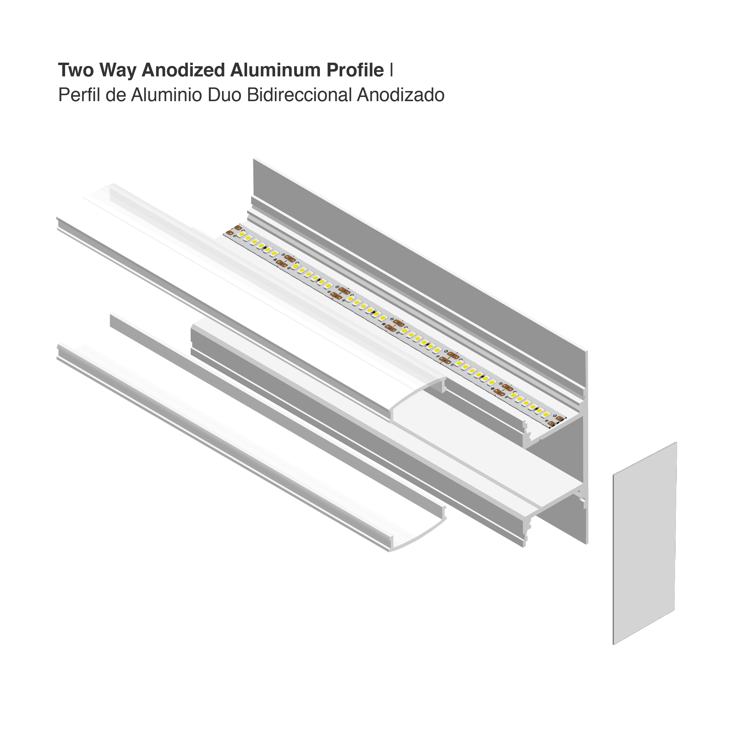 Perfil de Aluminio Duo Bidireccional 49x17mm Anodizado, Cover Opal Blanco x2m