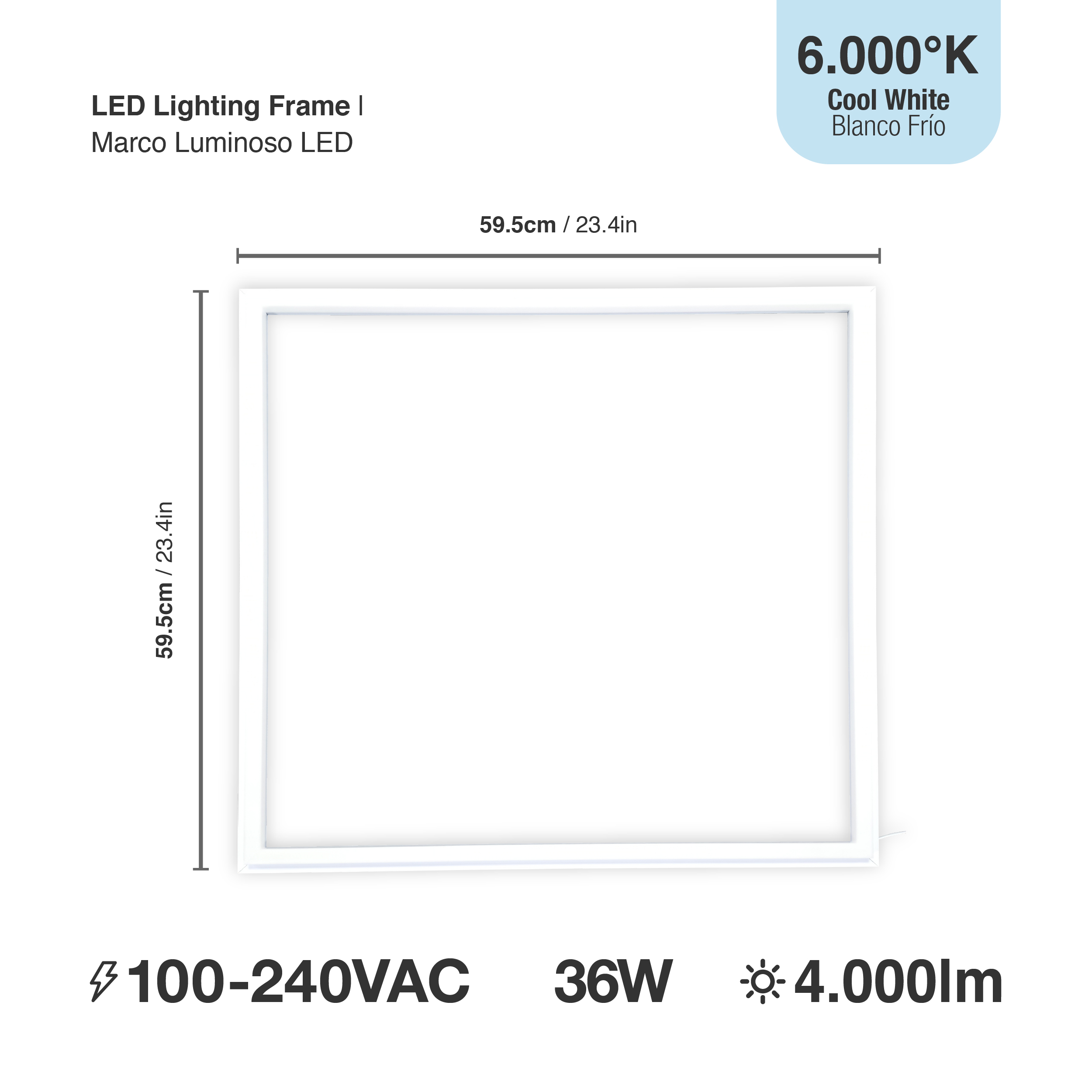 Marco Luminoso LED de 60x60cm 36W 4.000lm blanco Frío 6000K
