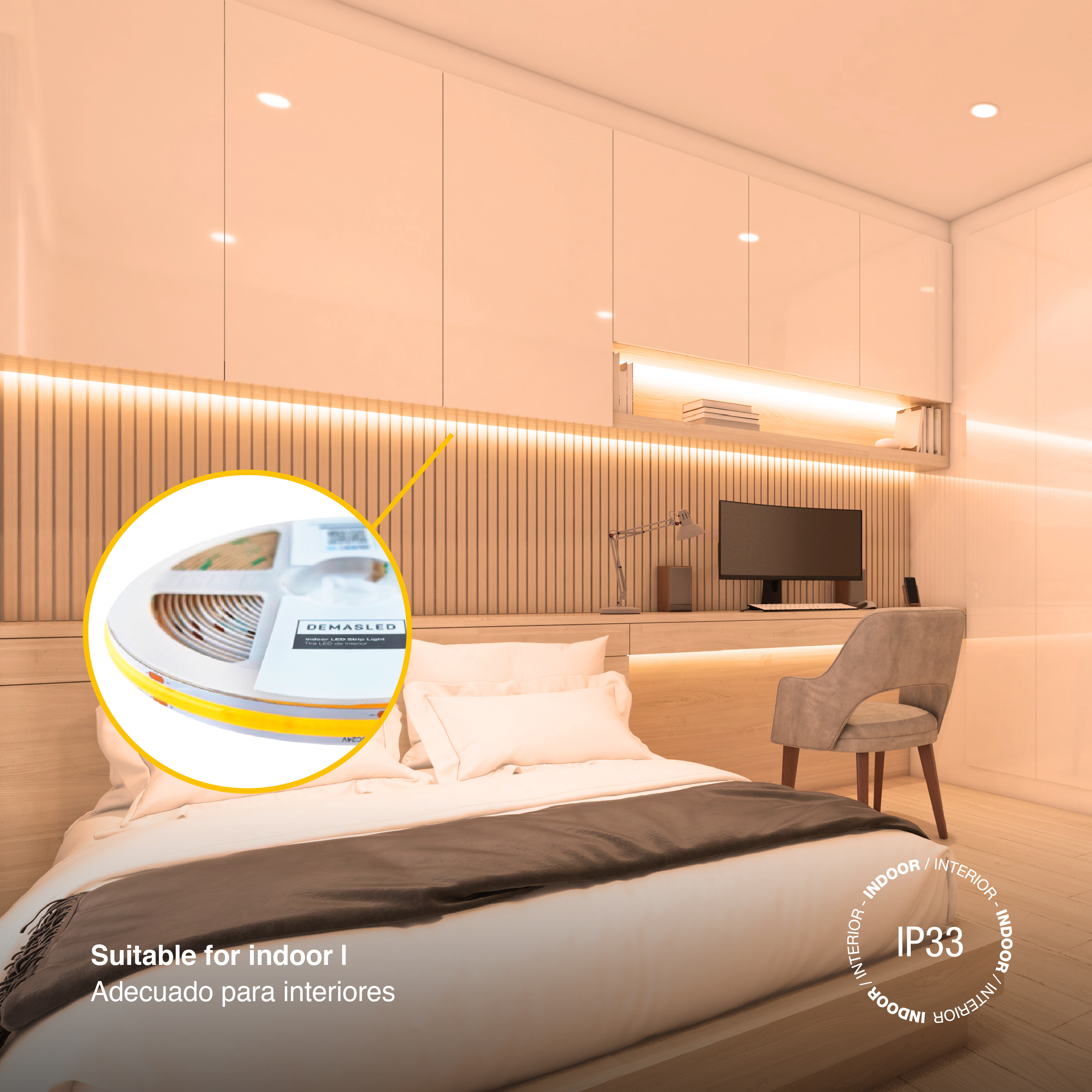 Tira LED COB 24V 15W/m Blanco Cálido 1500lm/m 528 LEDs/m, 10mm PCB IP33 x5m