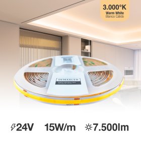 Tira LED COB 24V 15W/m Blanco Cálido 1500lm/m 528 LEDs/m, 10mm PCB IP33 x5m