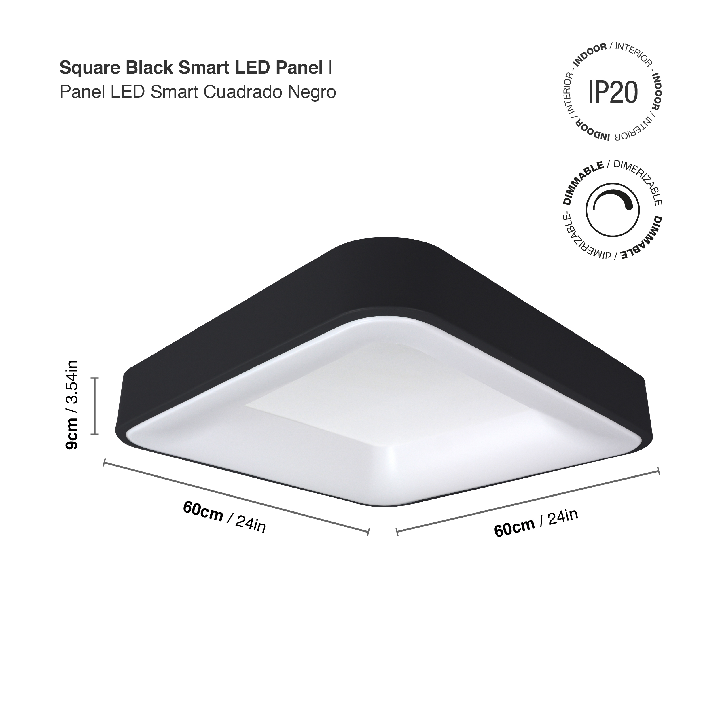 Panel LED Smart Cuadrado Negro 60x60x9cm 60W 270mA CCT, de Aplicar