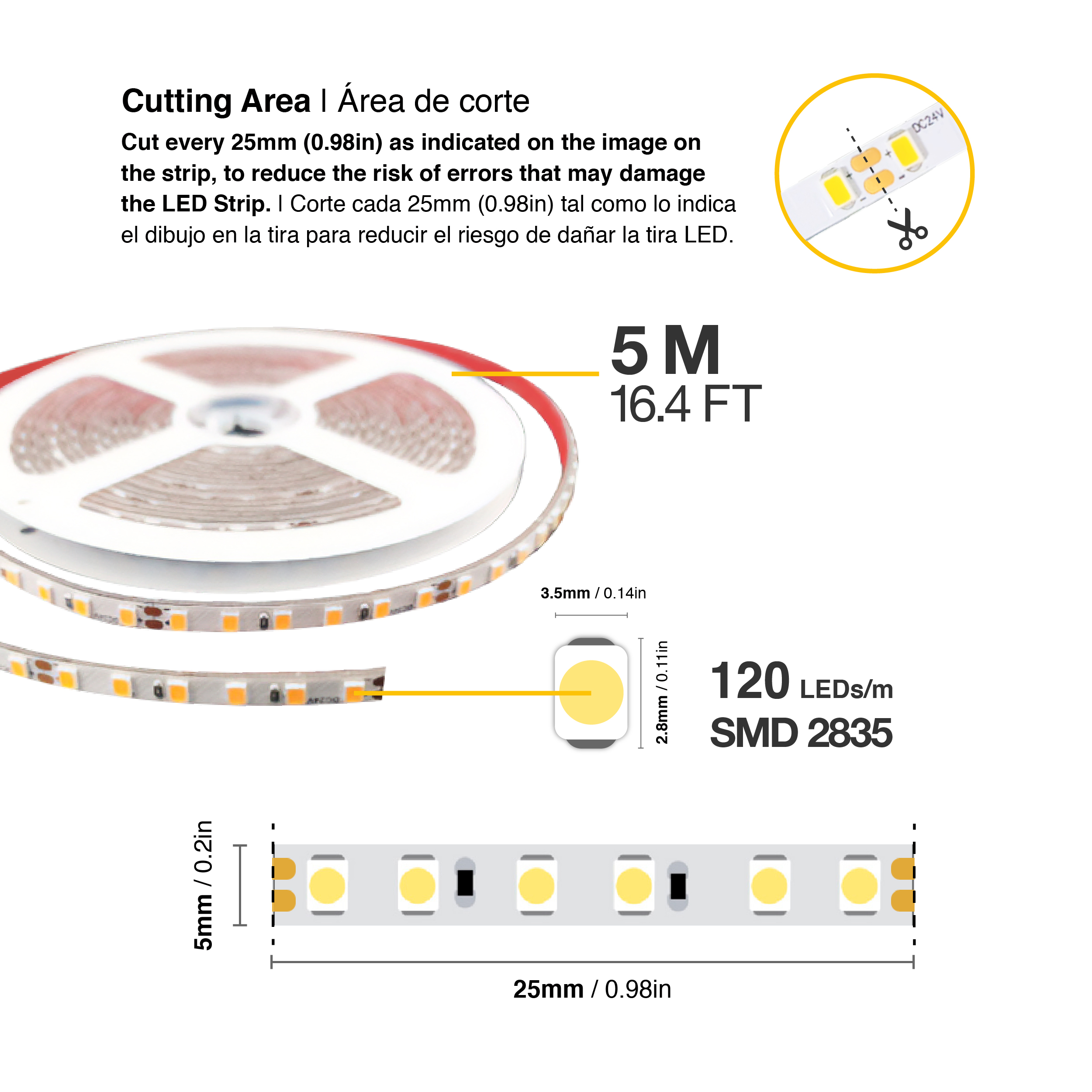 Tira LED SMD2835, 24V 12W/m Blanco neutro 4000ºK 1200 lm/m 120 LEDs/m, 5m