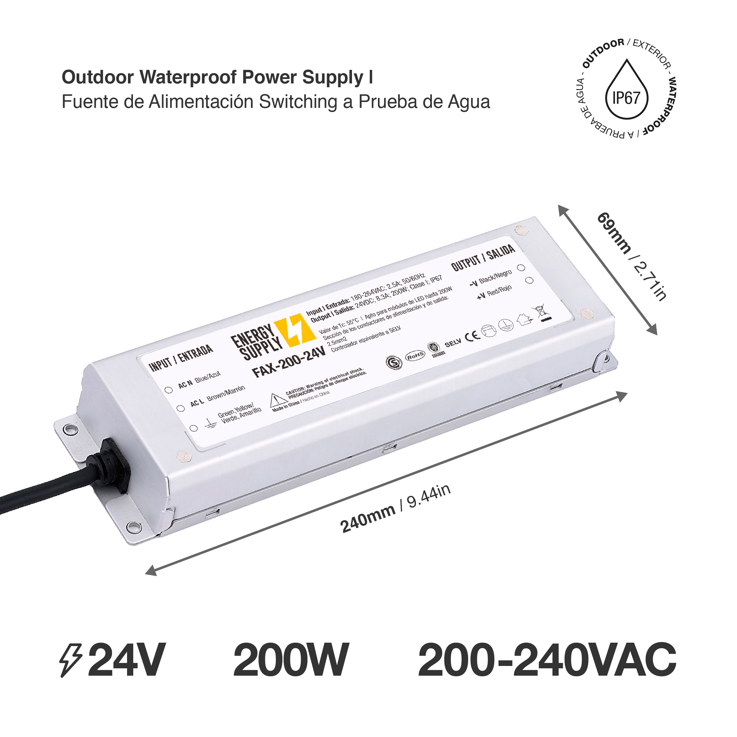 Fuente Switching 24V 8.3A 199W, 180-264VAC Exterior IP67