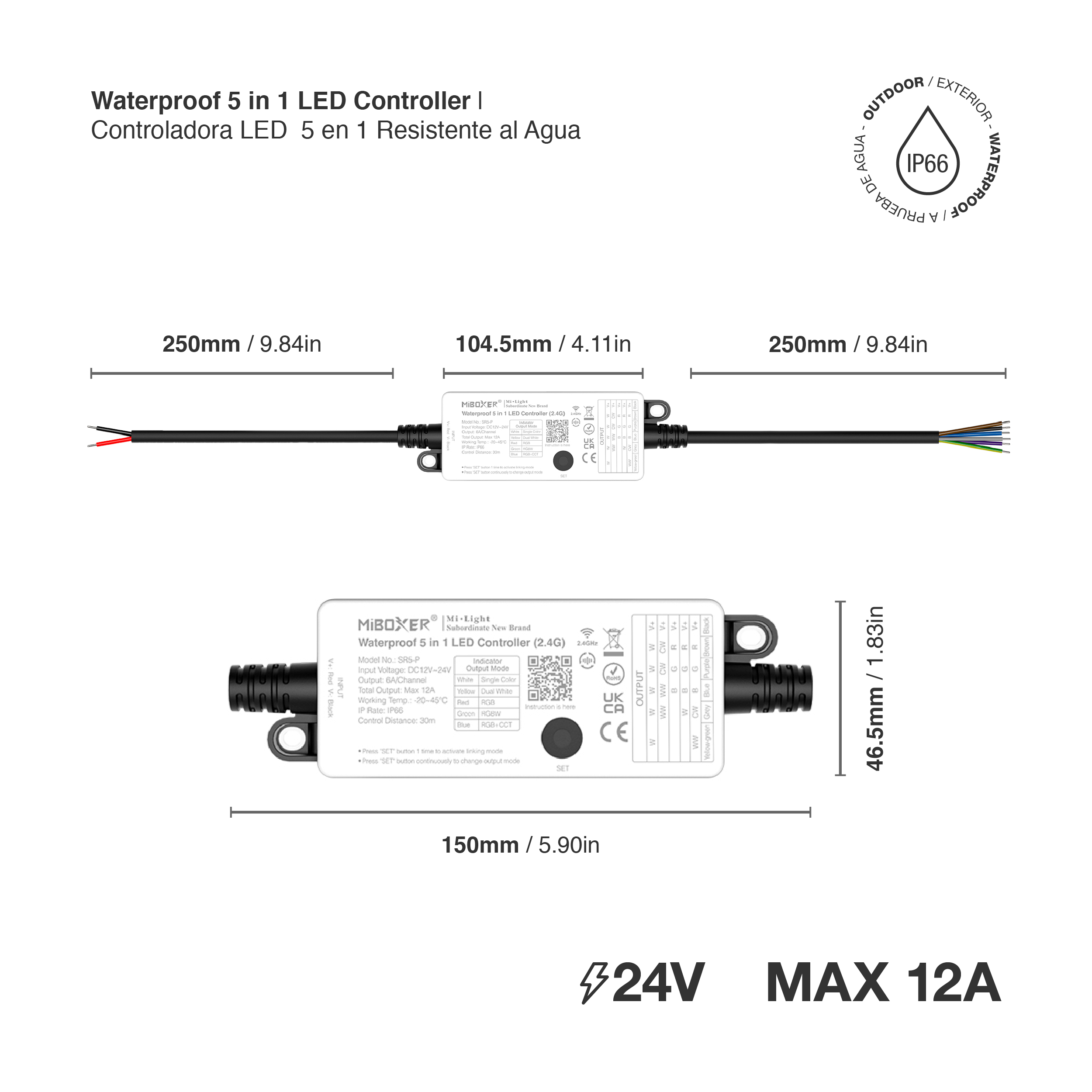 Controlador LED 5 en 1 Resistente al Agua RGB+CCT 2.4GHz 12A máx. 12-24V IP66