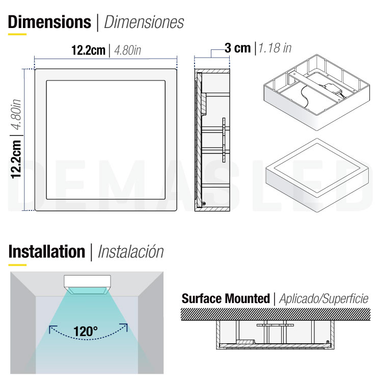Plafón LED Cuadrado de 12x12cm, 6W 390lm Blanco Frío, De Aplicar