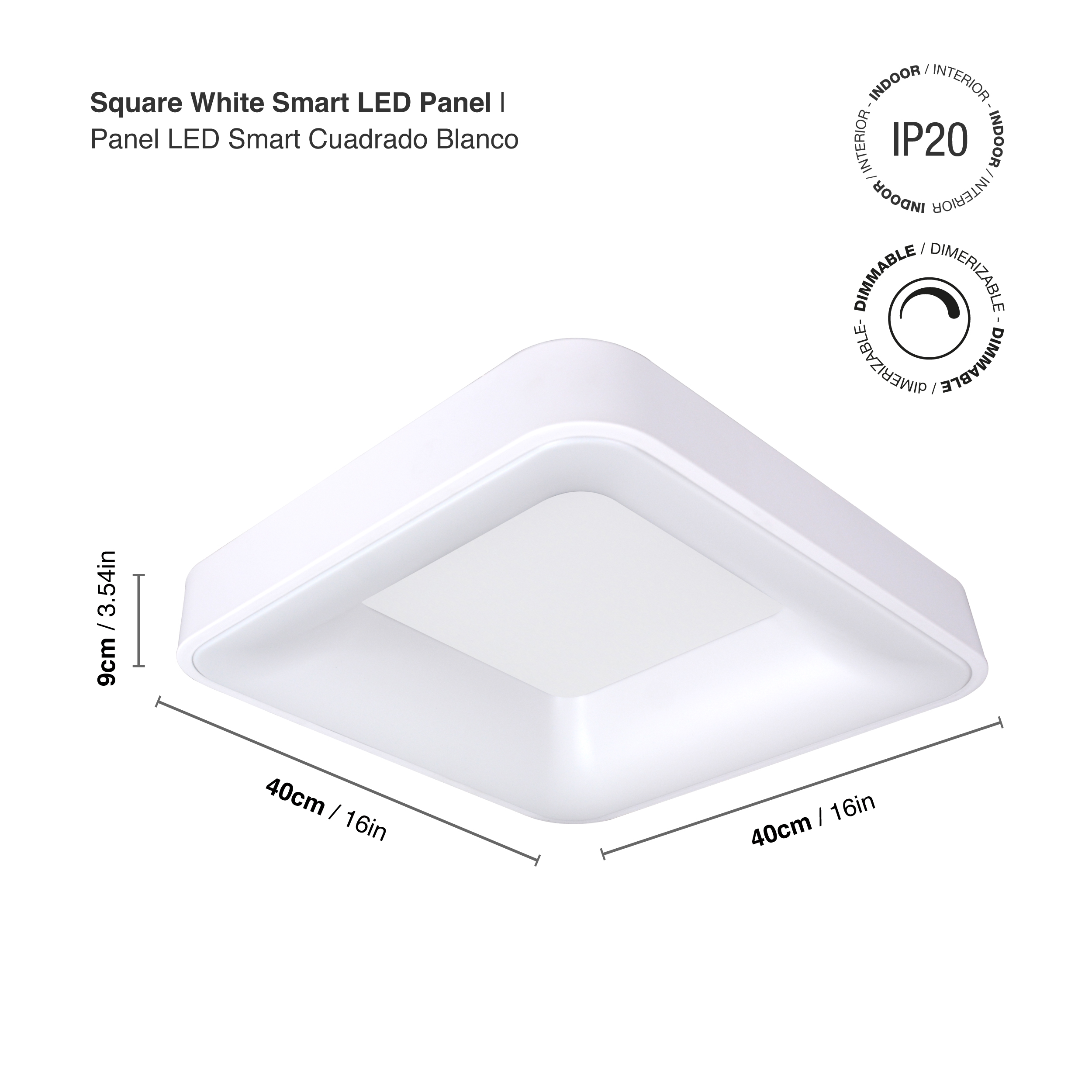 Panel LED Smart Cuadrado Blanco 40x40x9cm 32W 140mA CCT, de Aplicar