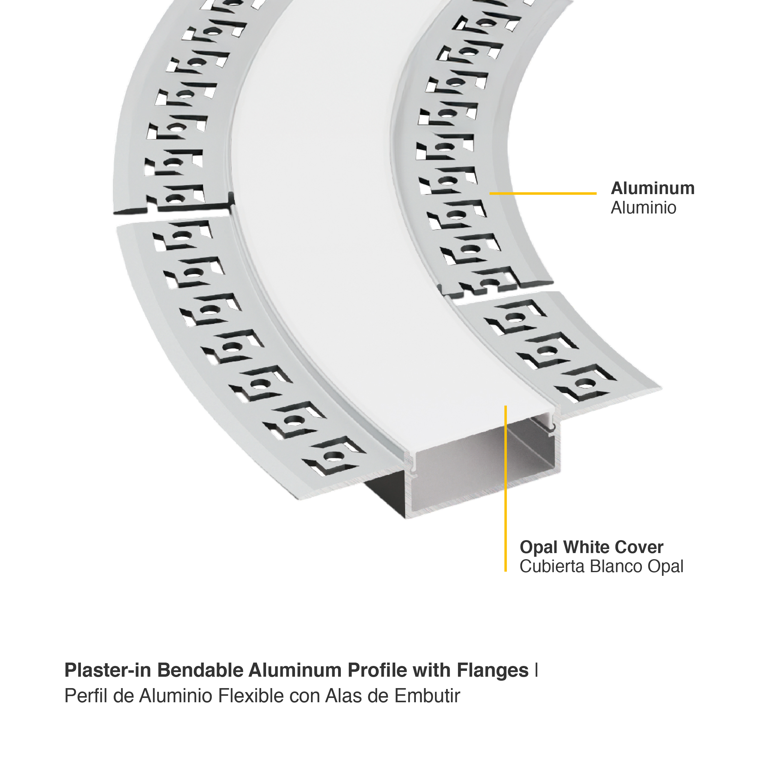 Perfil de Aluminio Flexible con Alas de Embutir 70x13mm Anodizado, Cover Opal Blanco x1m